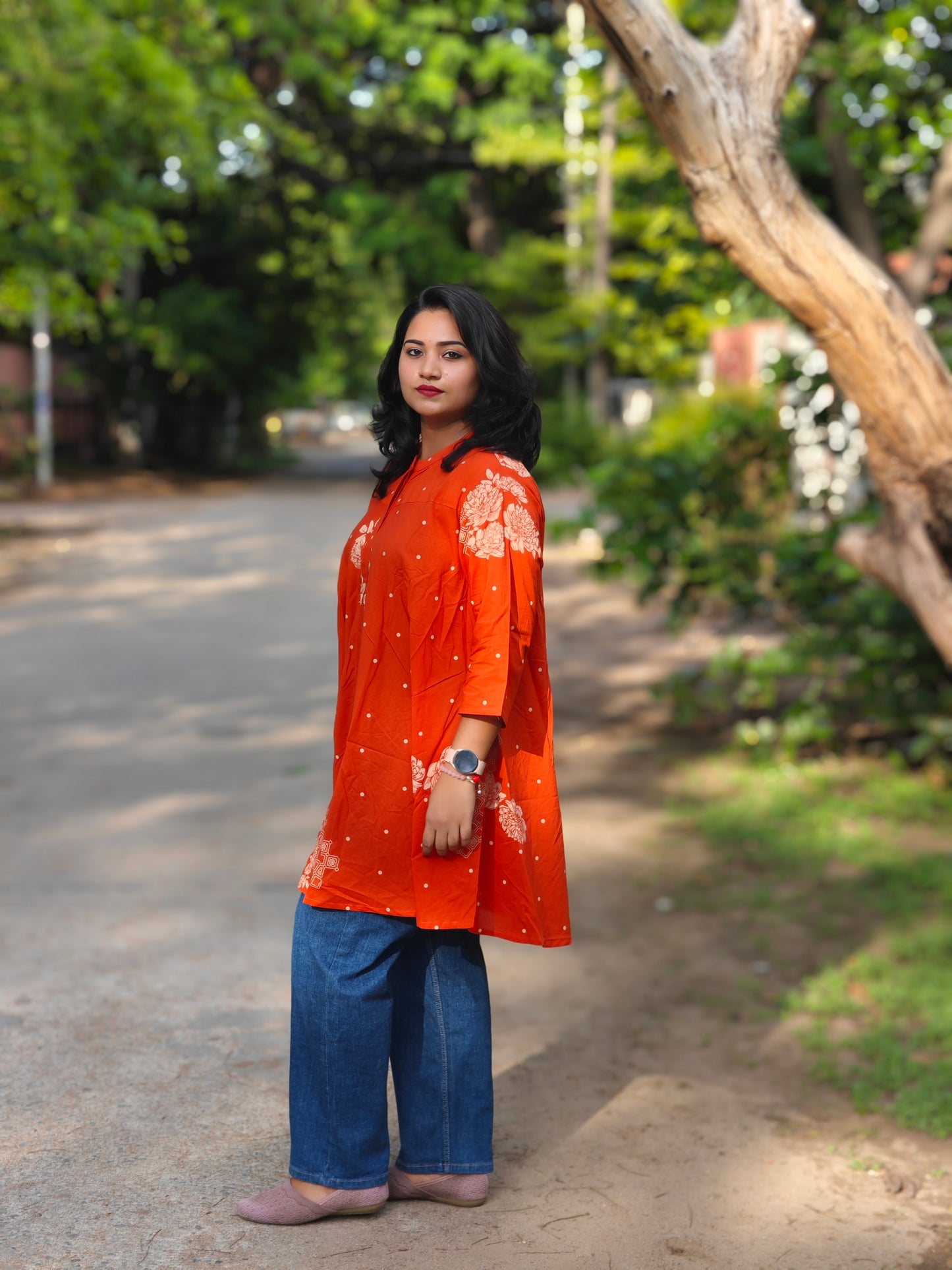 Orange Cotton Floral Printed Flared Tunic 4206