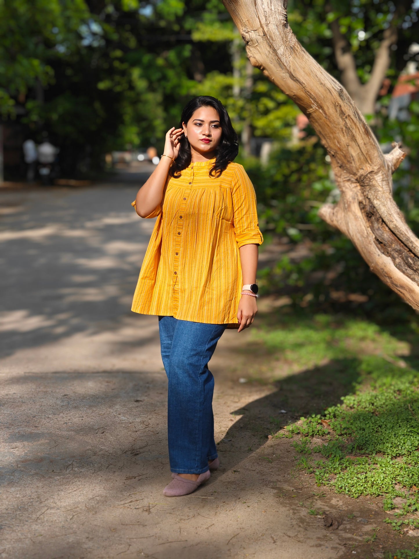 Mustard Cotton Woven Design Tunic J0119