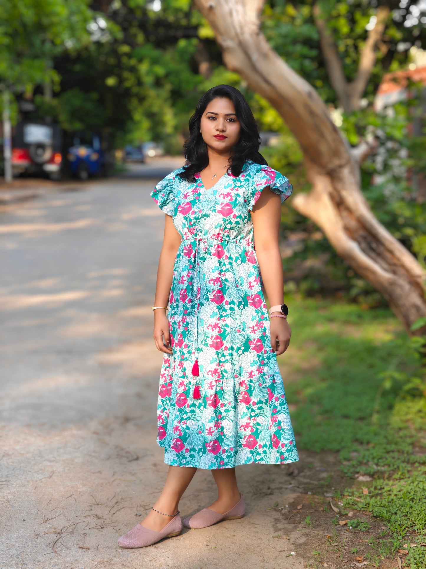 Green Moss Digital Floral Printed A-Line Dress 4304