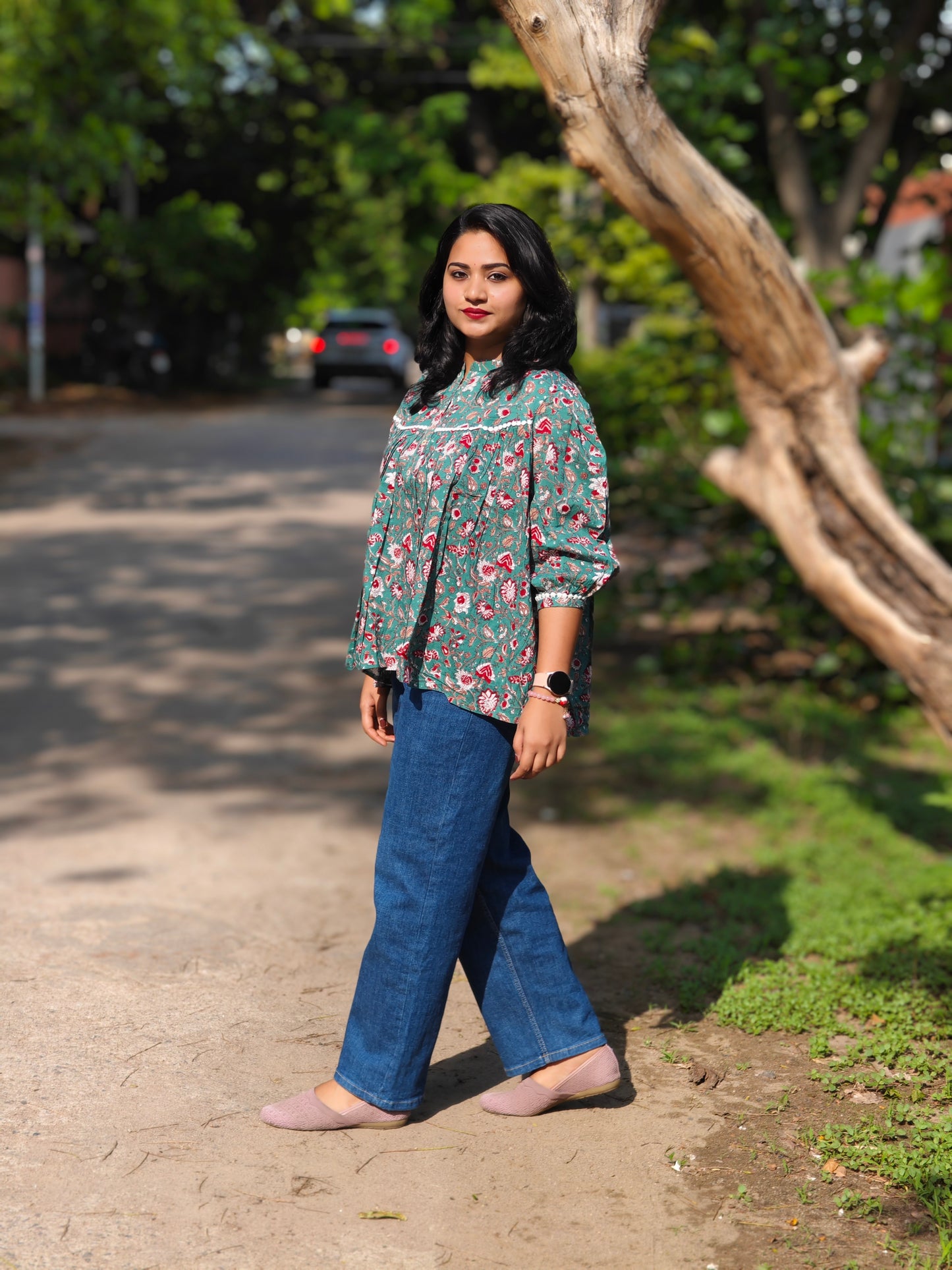 Green Cotton Botanical Print Empire Top 4085