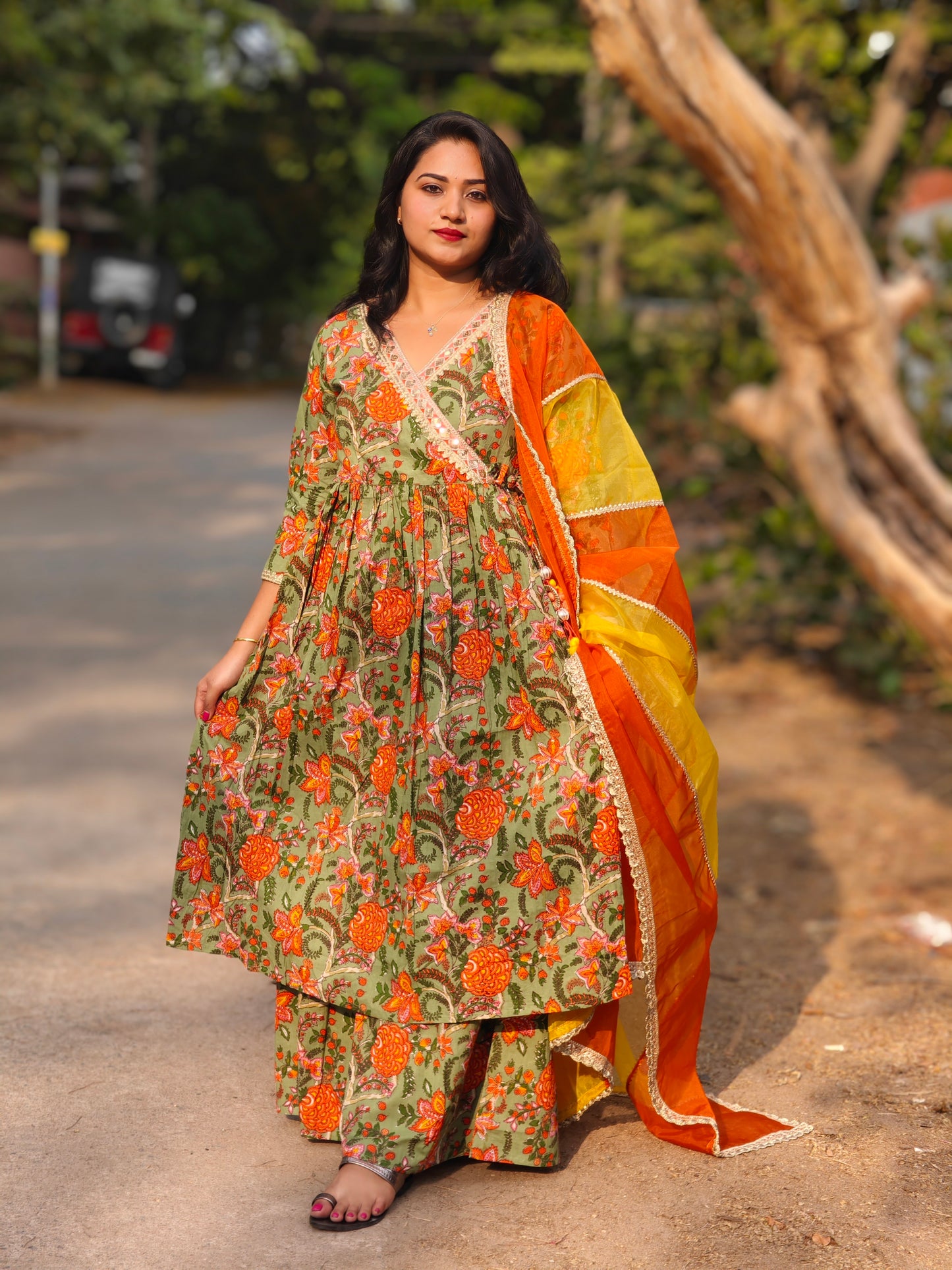 Green Cotton Ethnic Printed Kurta with Flared Palazzo and Dupatta – Sizes L & XL