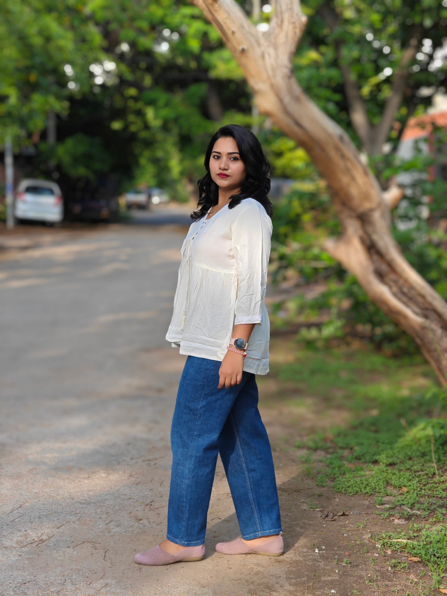 White Rayon Solid Flared Top 3865