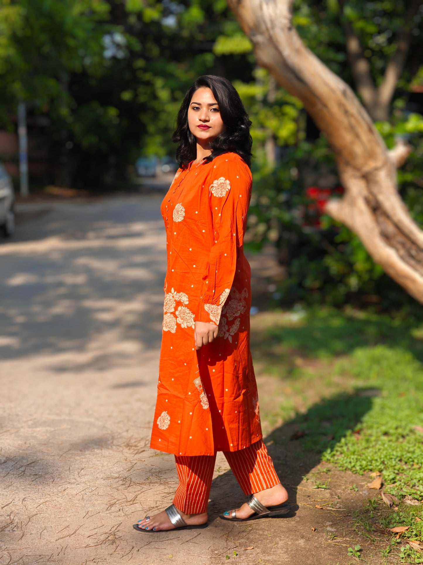 Orange Cotton Floral Printed Kurta With Pants 648