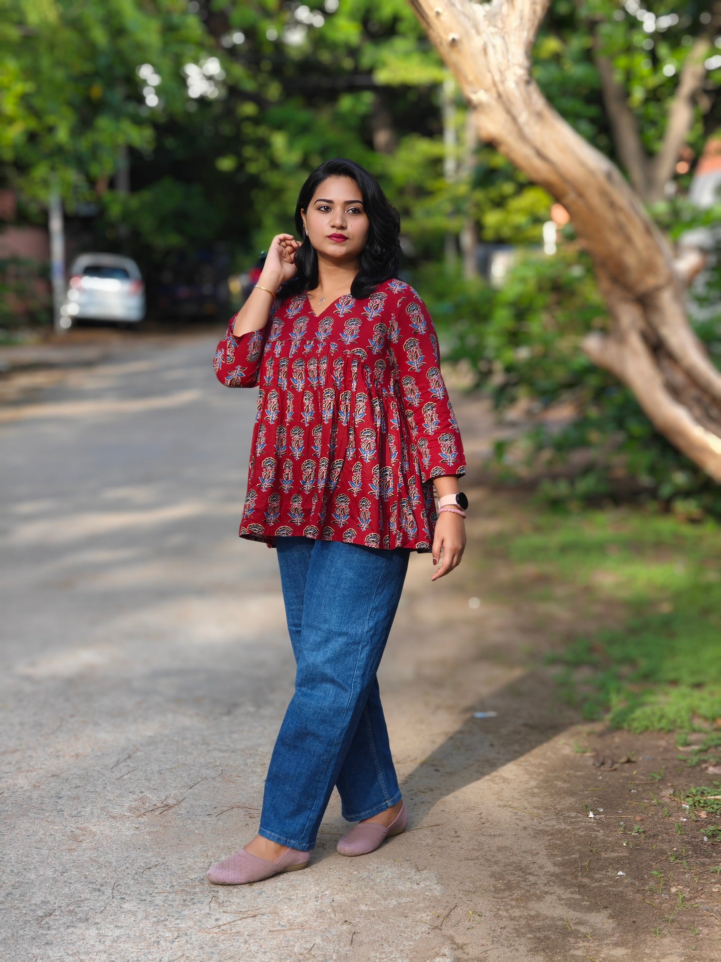 Maroon Cotton Floral Block Print Flared Top 4034