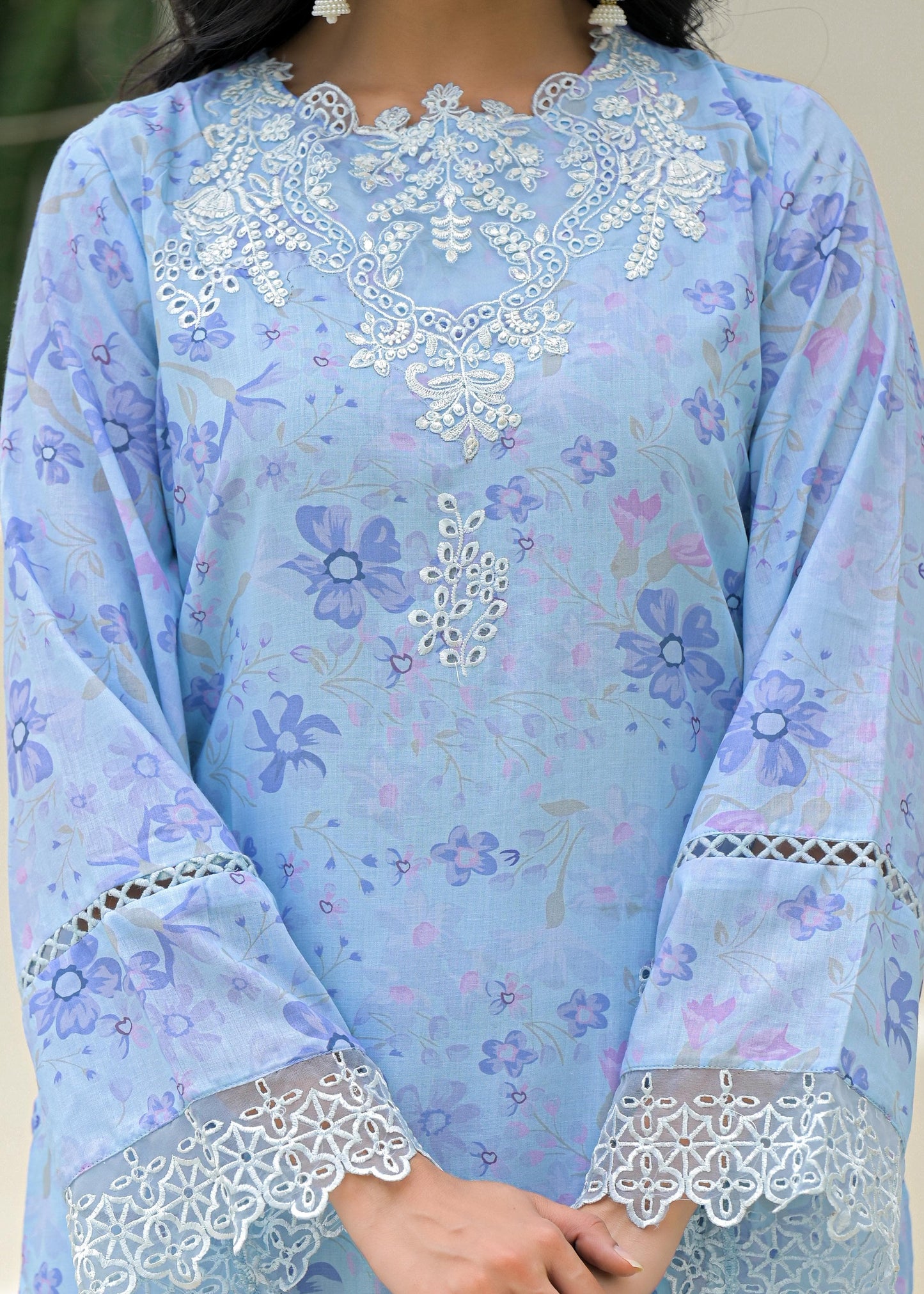 Women’s Pastel Blue Cotton Suit Set with White Lace Embroidery and Dupatta – Sizes M to 3XL