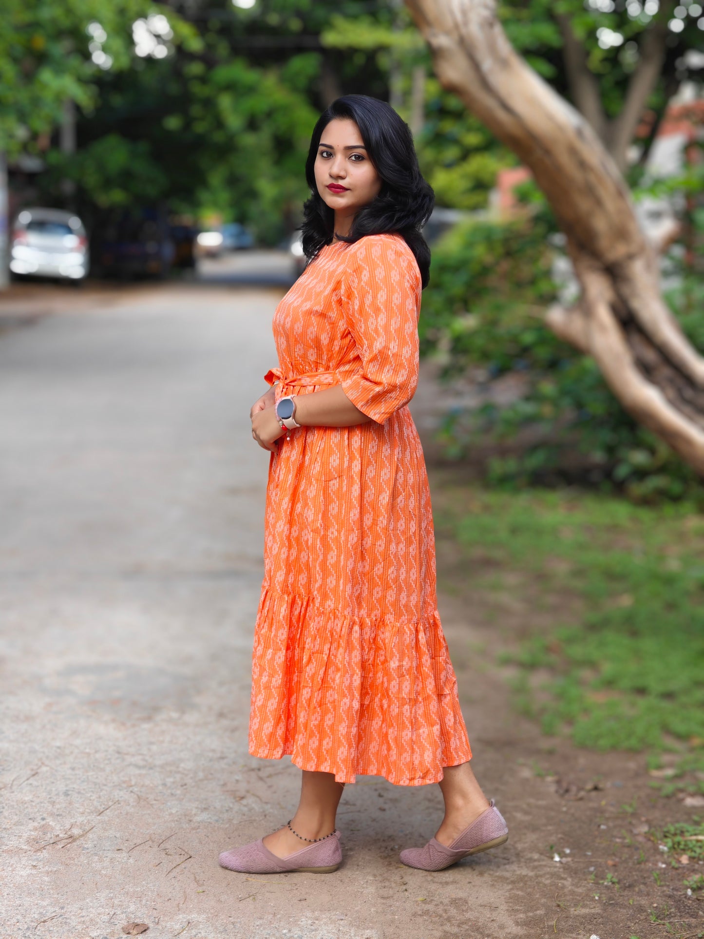 Orange Cotton Woven Design Tiered Western Dress 3870