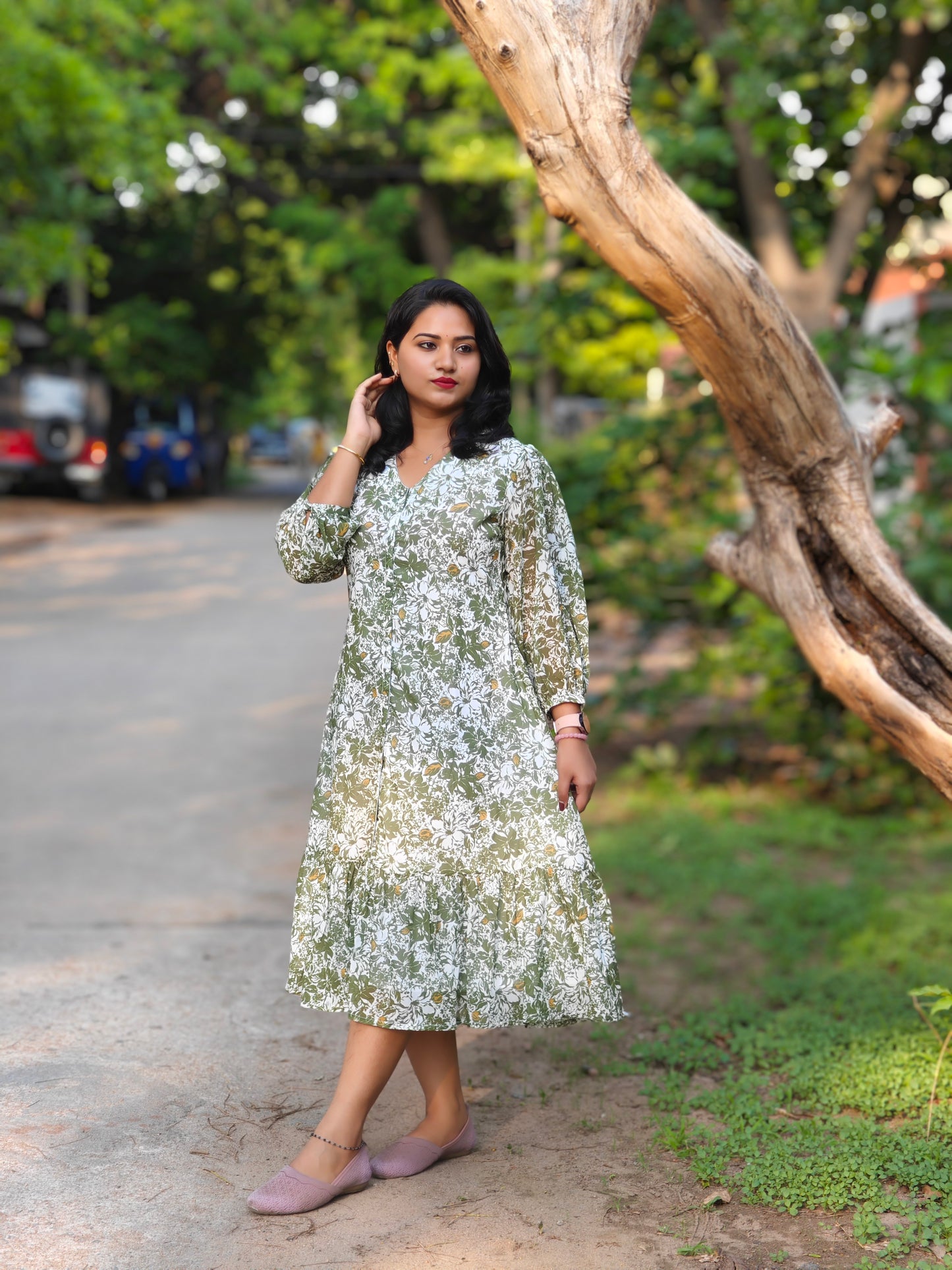 Olive Georgette Floral Printed A-Line DRESS 4347