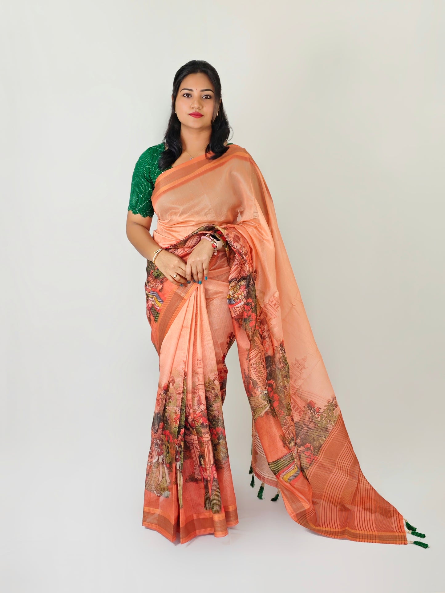Semi Tussar Silk Kalamkari Sarees Gold Zari Border