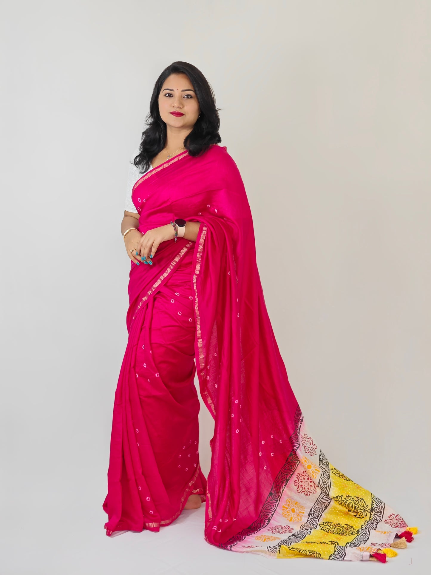 Exquisite Handcrafted Bandhani and Block Print Chanderi Cotton Saree