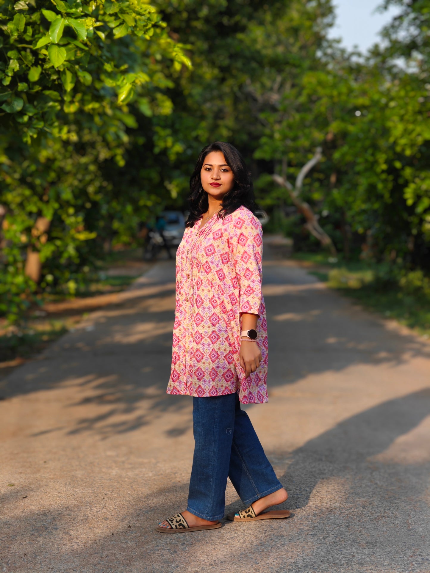Pink Cotton Ikkat Pleated Tunic 00160