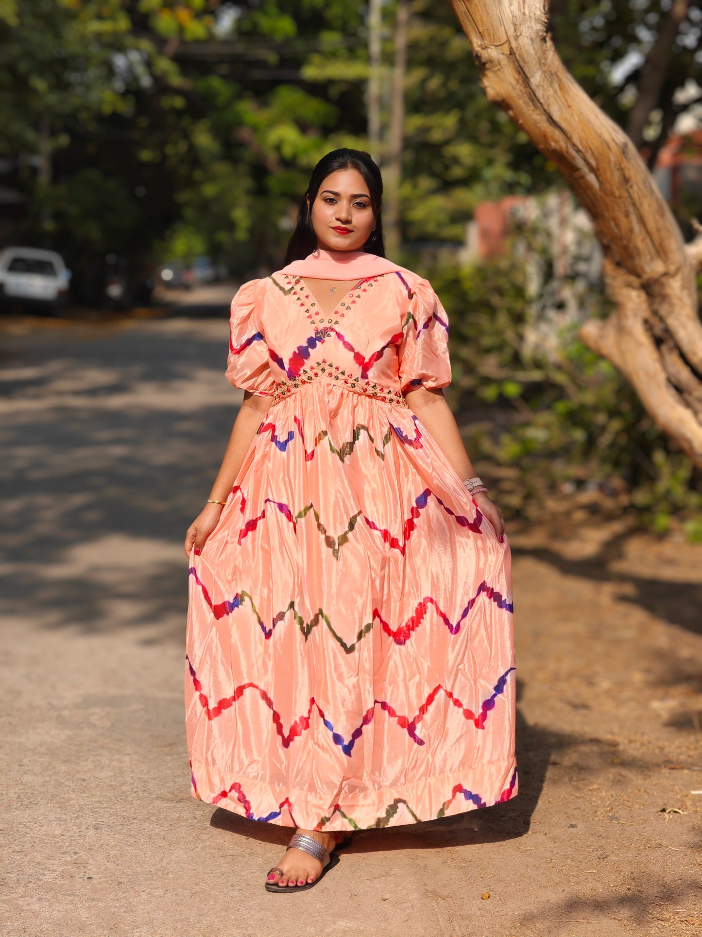 Orange Balloon Sleeve Alia Cut Suit Set