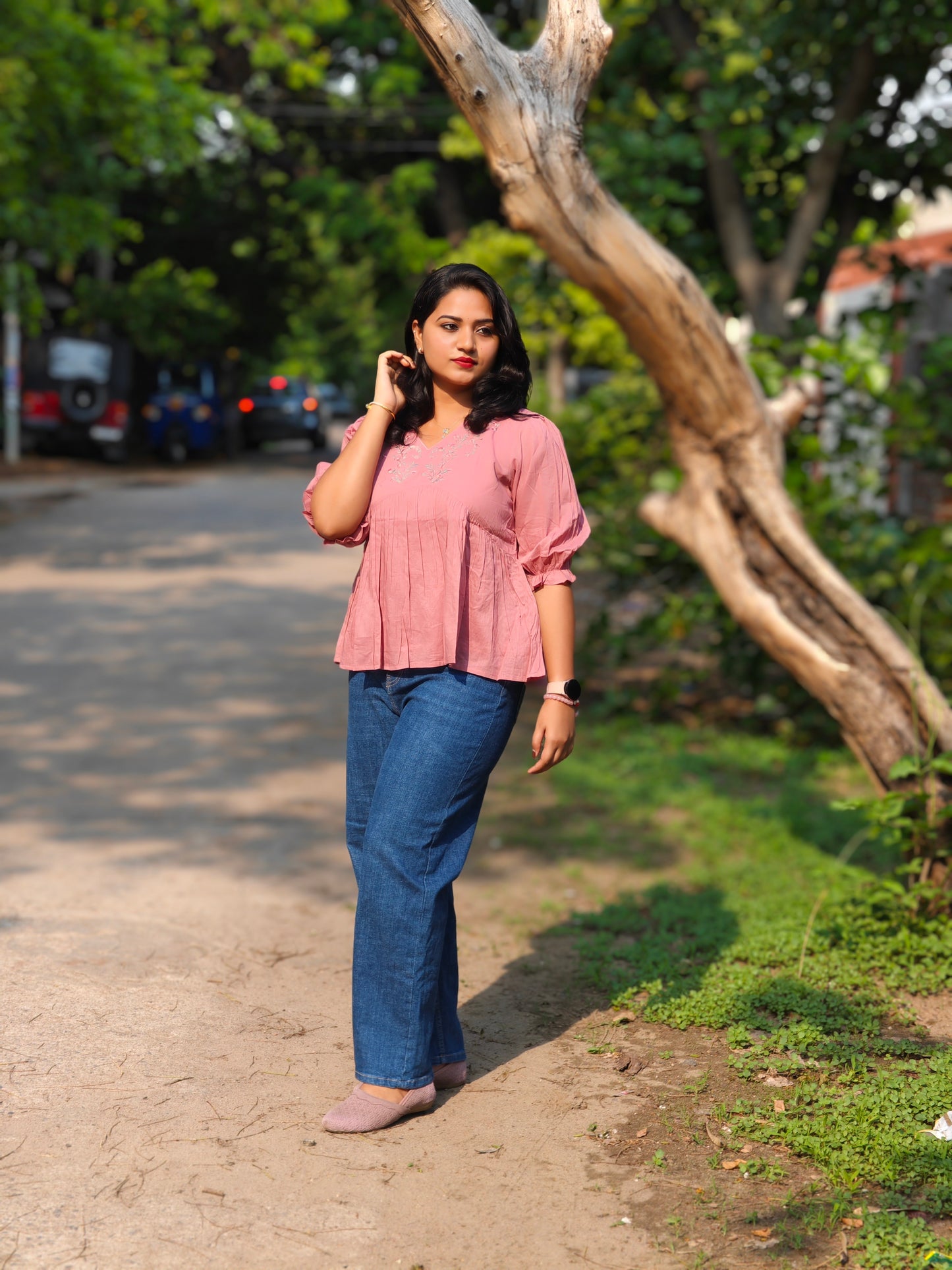 Pink Cotton Embroidered Fit And Flared Top J0420