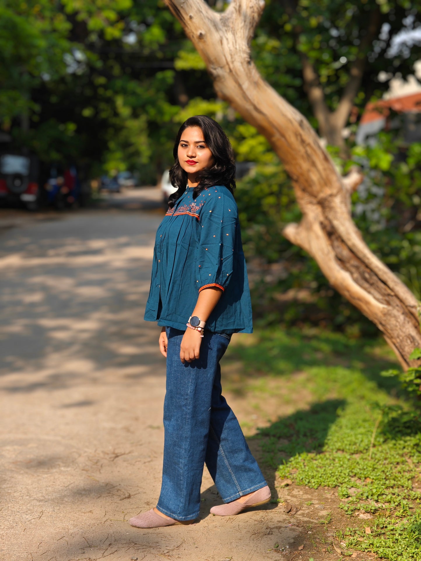 Teal Cotton Flex Embroidered Regular Top J0201