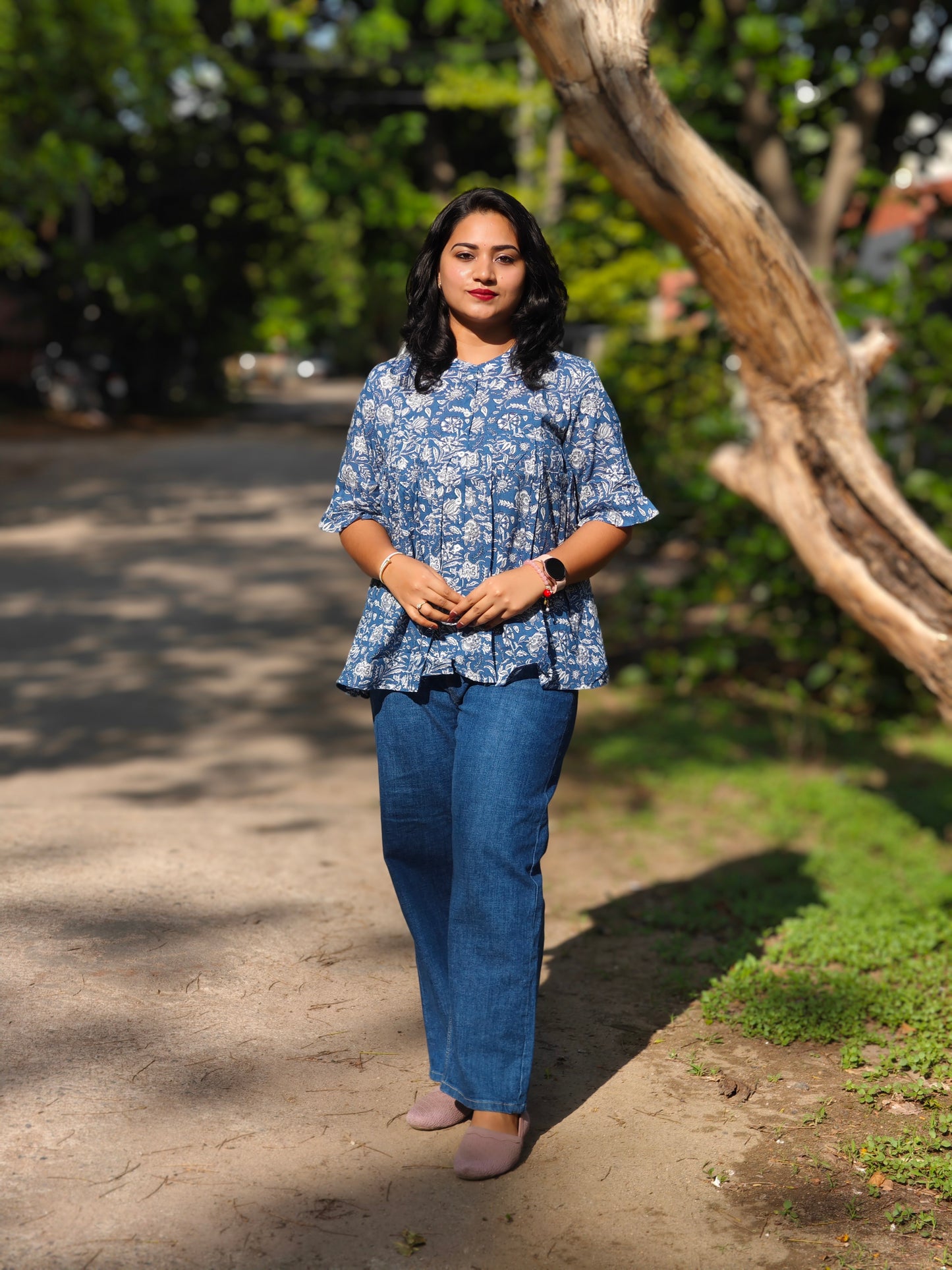 Ink Blue Cotton Floral Print Flared Top 4032