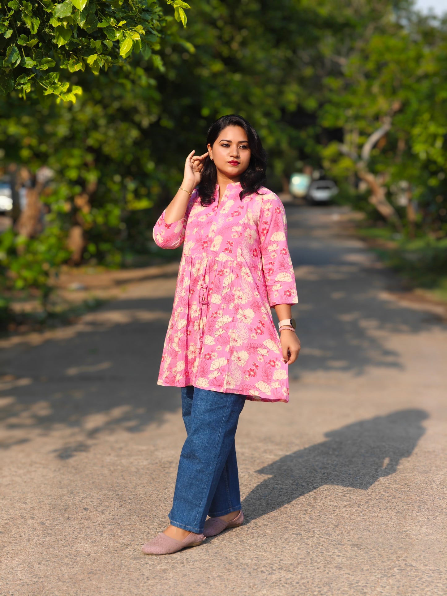 Pink Cotton Floral A-Line Tunic 00113