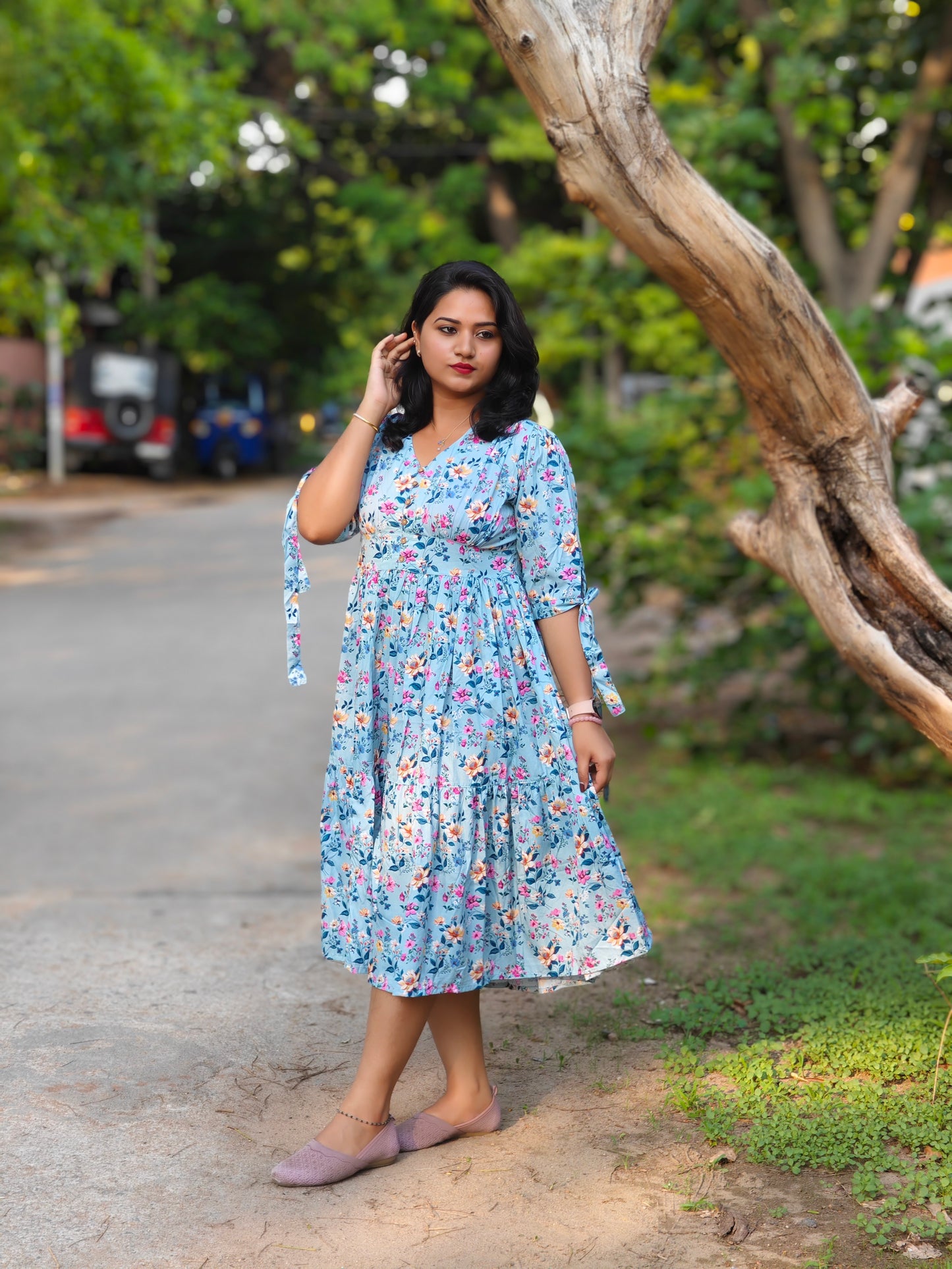 Blue Crepe Digital Print Flared Western Dress 4072