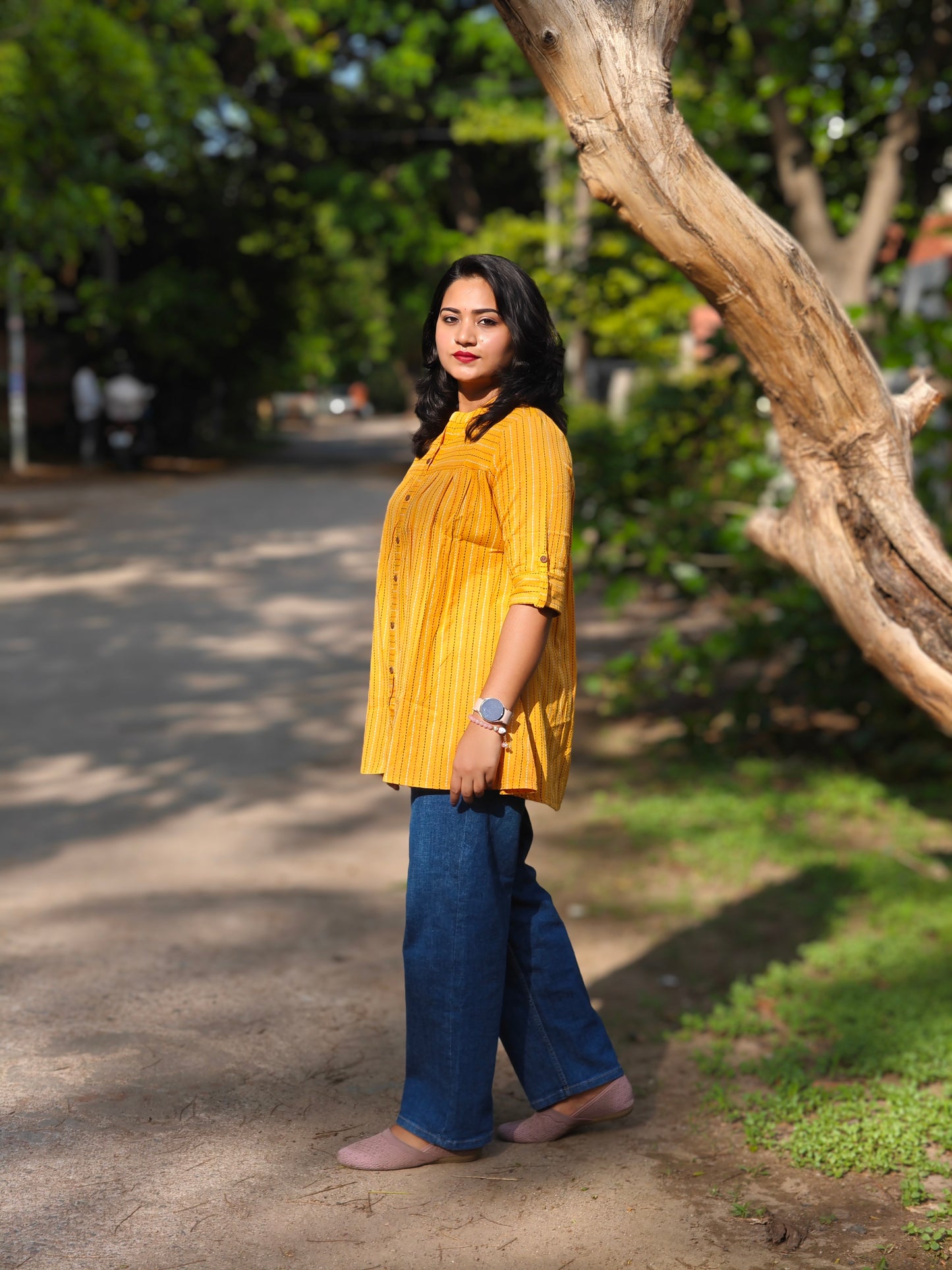 Mustard Cotton Woven Design Tunic J0119