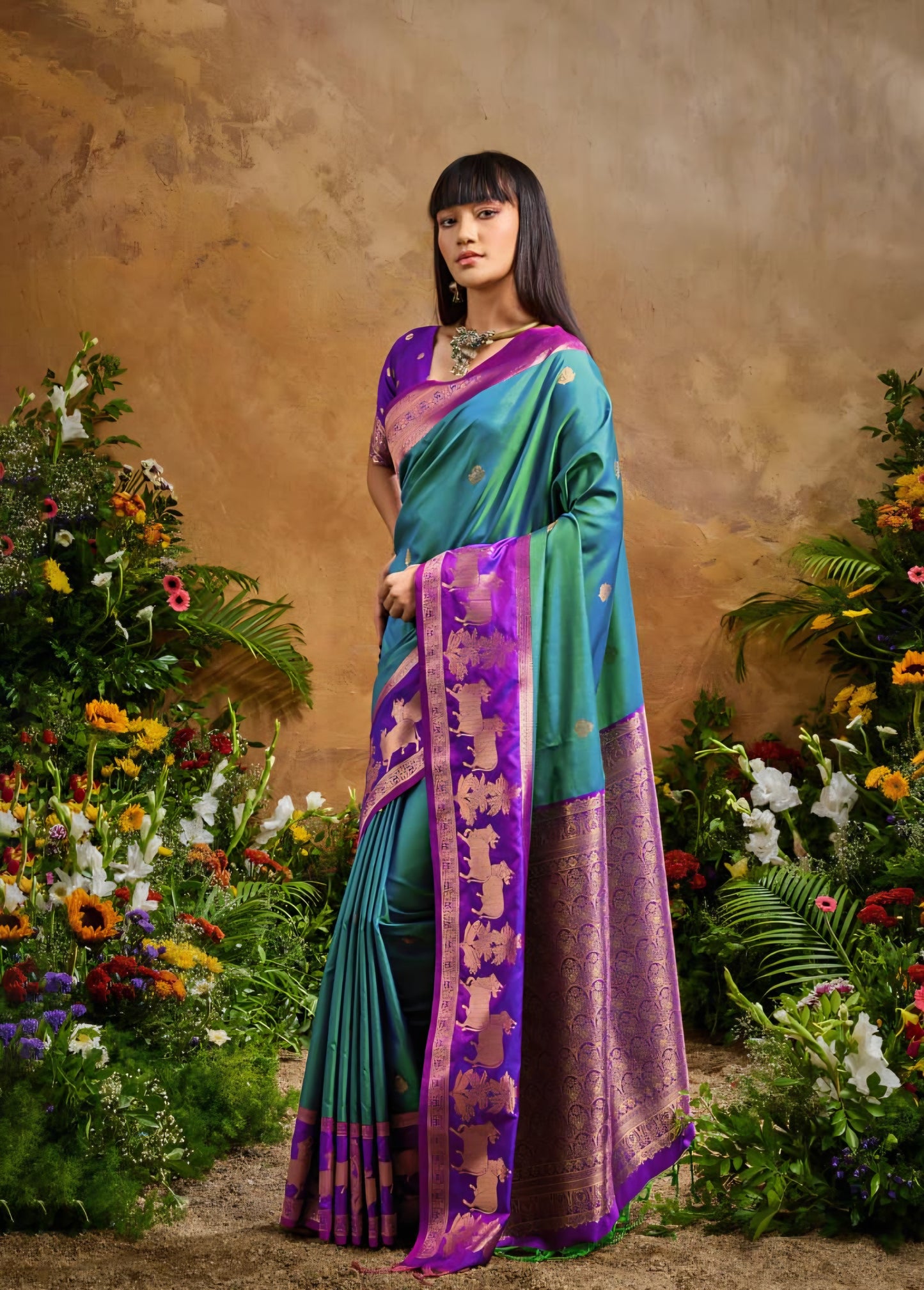 Handloom styled Silk Pichwai Saree with Woven Border and Contrast Blouse