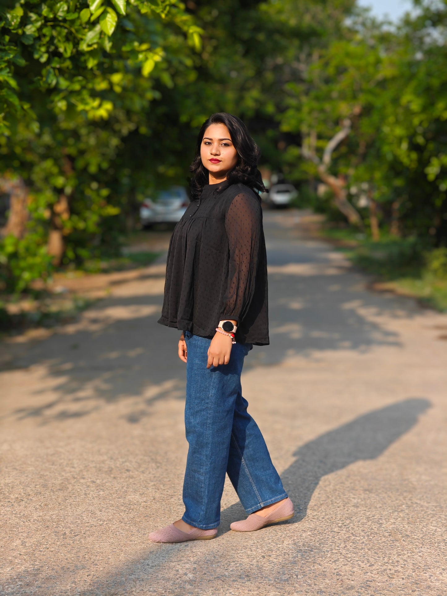 Black Dobby Chiffon Solid Empire Top 4207