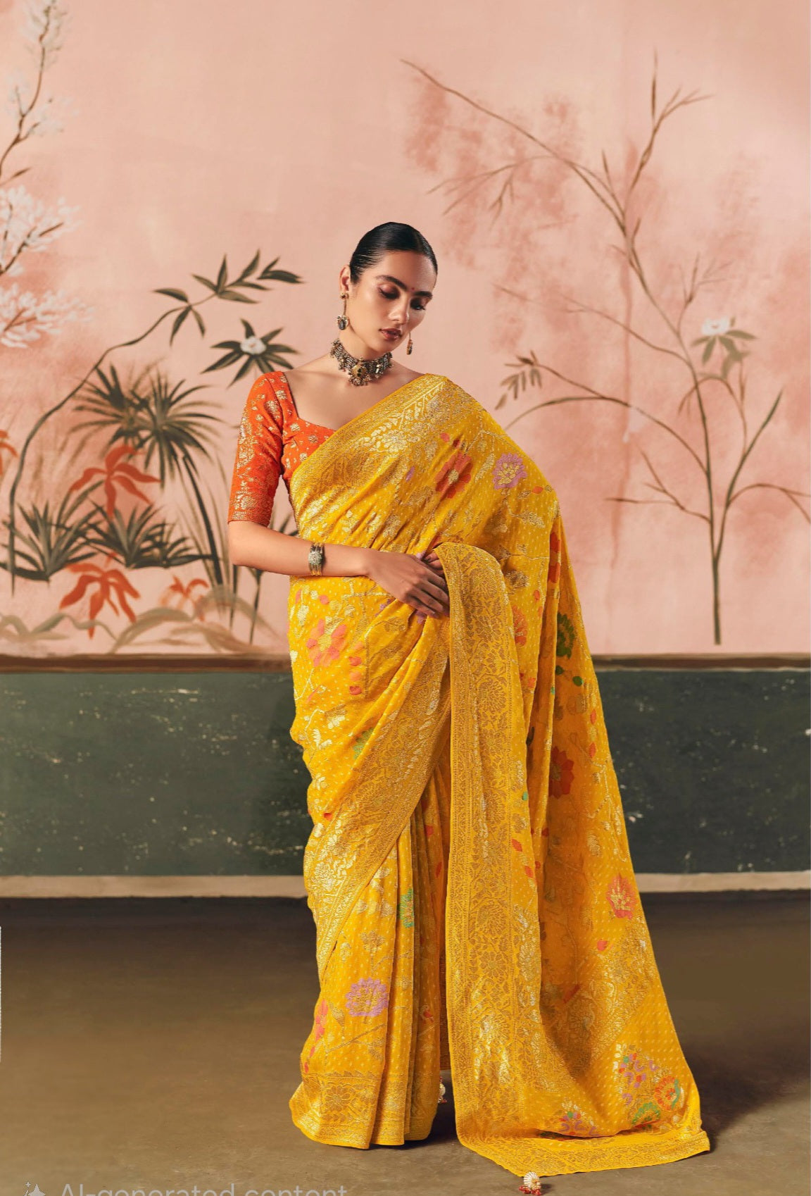 Pure Kaddi Georgette Zari Weaving Saree in Mustard Yellow with All-Over Jaal and Floral Buti Work – Festive & Wedding Wear Saree for Women