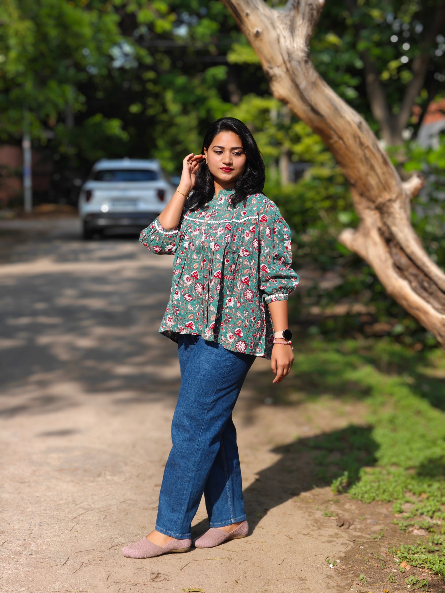 Green Cotton Botanical Print Empire Top 4085