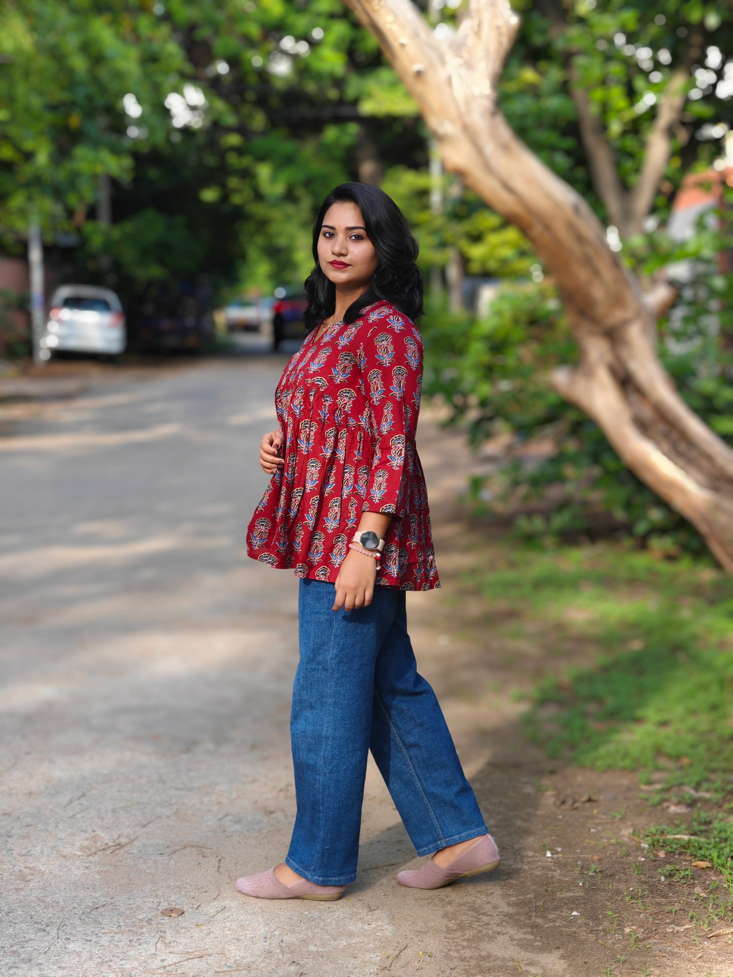 Maroon Cotton Floral Block Print Flared Top 4034