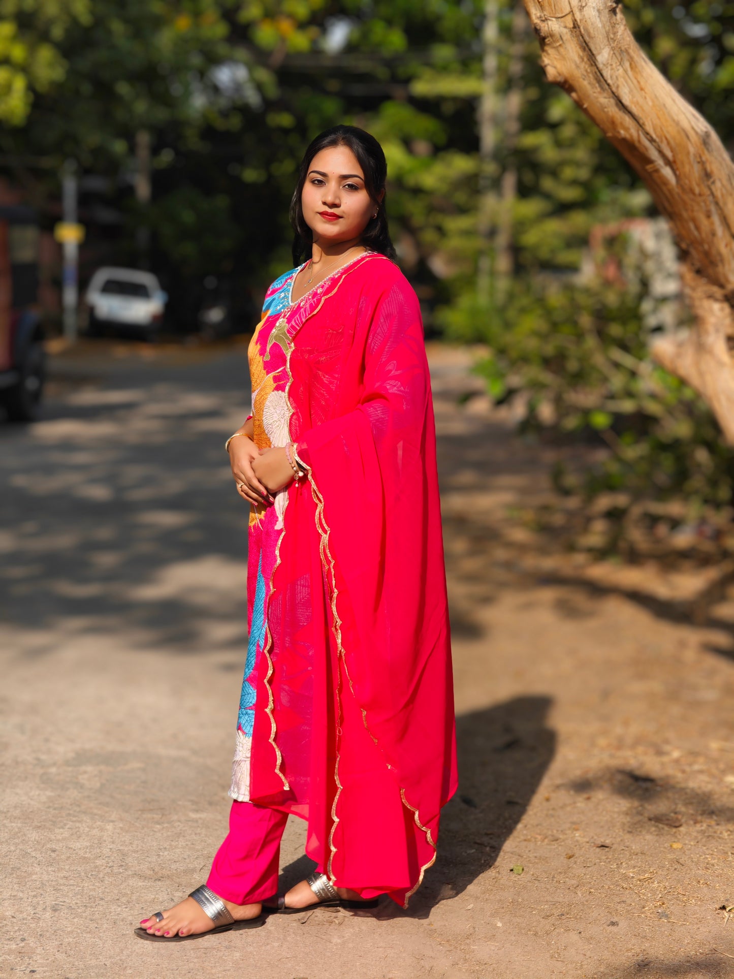 Pink Chinnon Alia Cut Kurta with Pant and Dupatta – Women’s Festive Suit Set (M to 2XL)