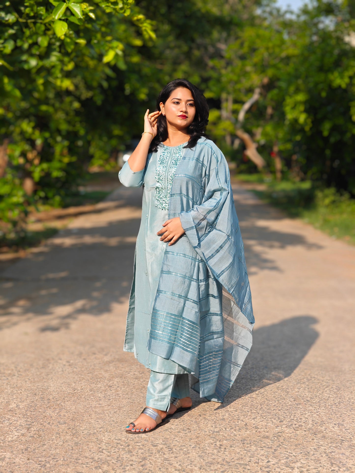 Turquoise Poly Silk Thread Work Kurta With Pant 511