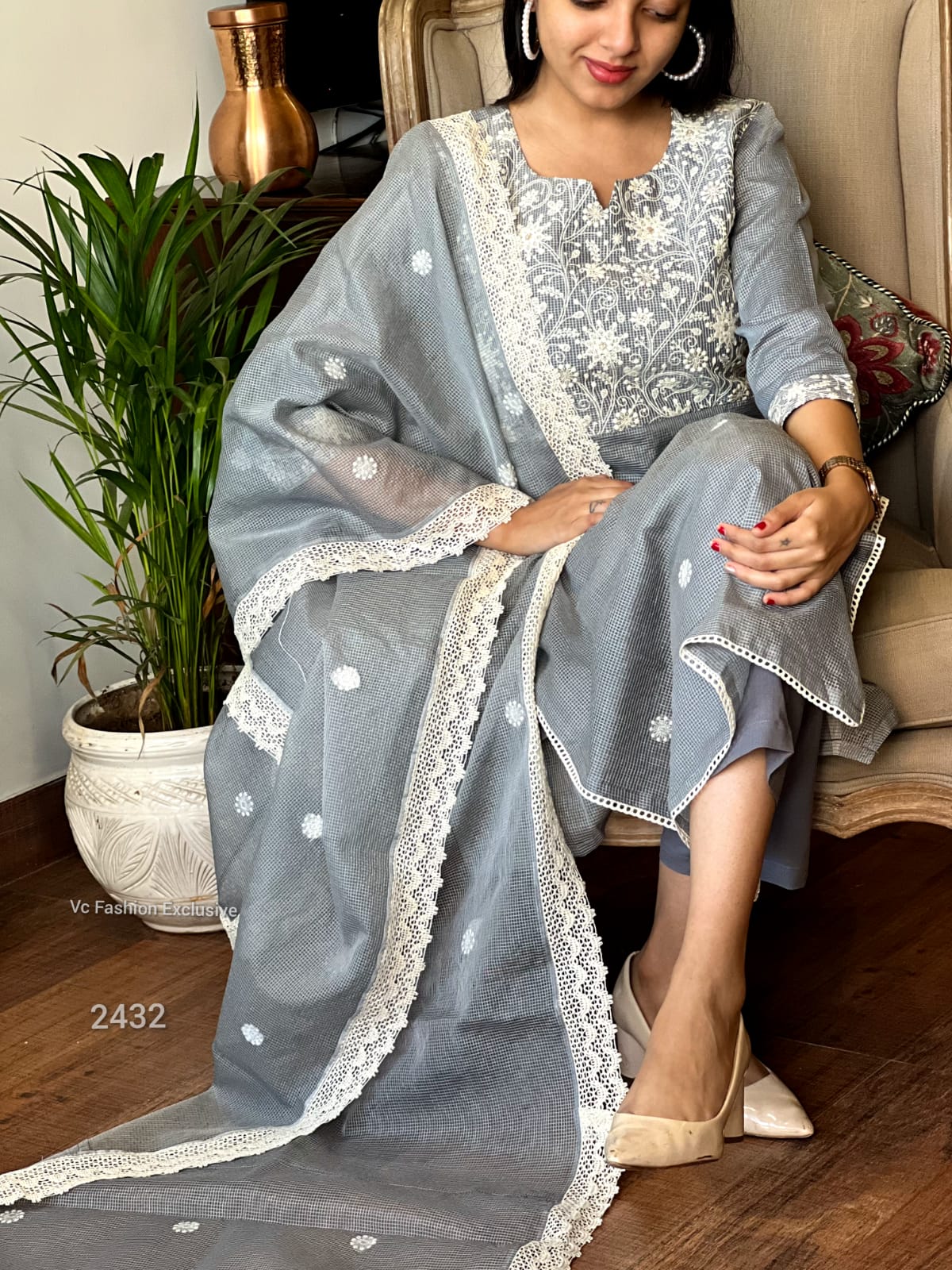 Pure Kota Doria Embroidered Kurta Pant Dupatta Suit Set with Crocia Lace – Women’s Grey, Sizes 38 to 46