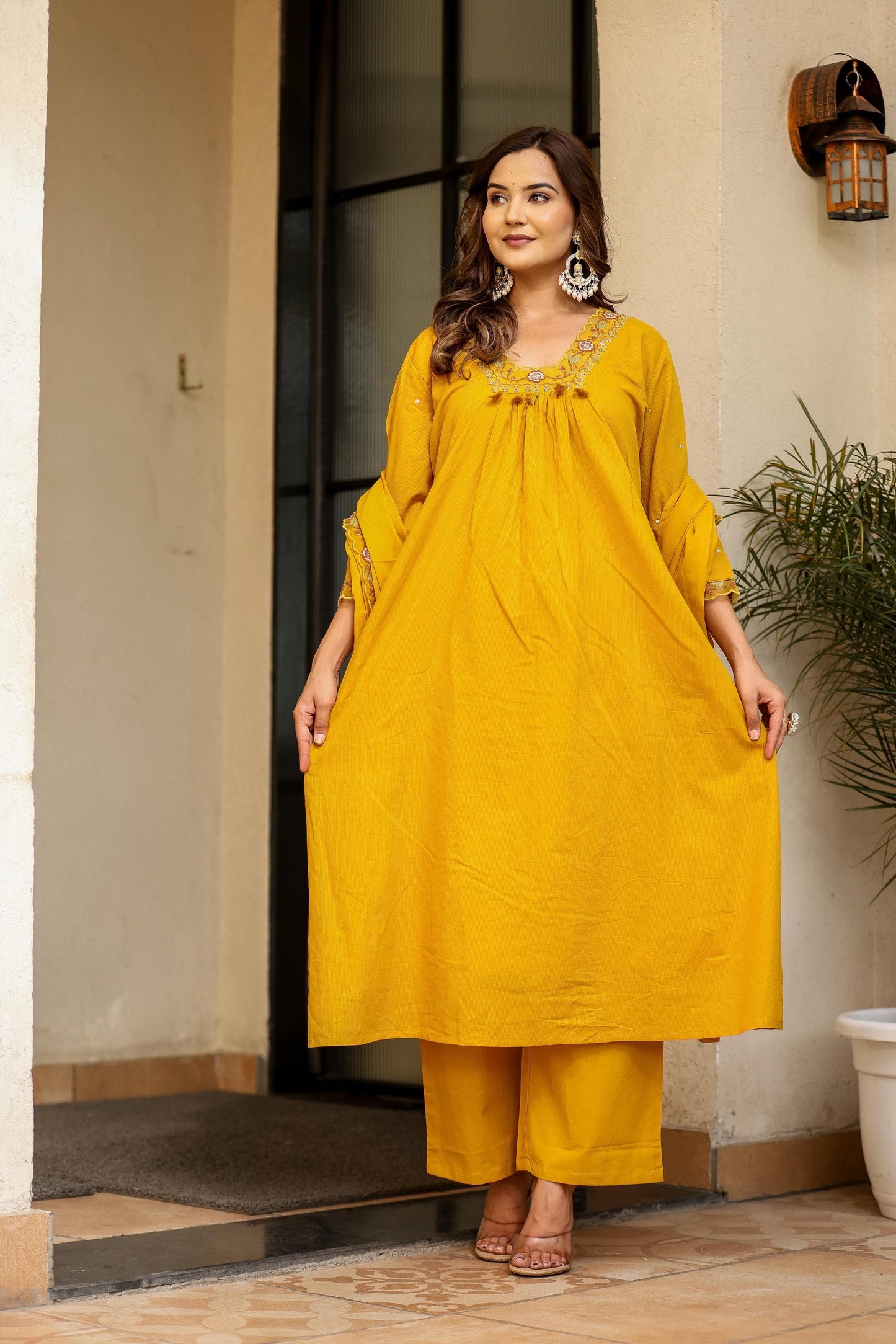 Women’s Mustard Salli Cotton Kurta Set with Embroidery and Dupatta – Sizes 38 to 46