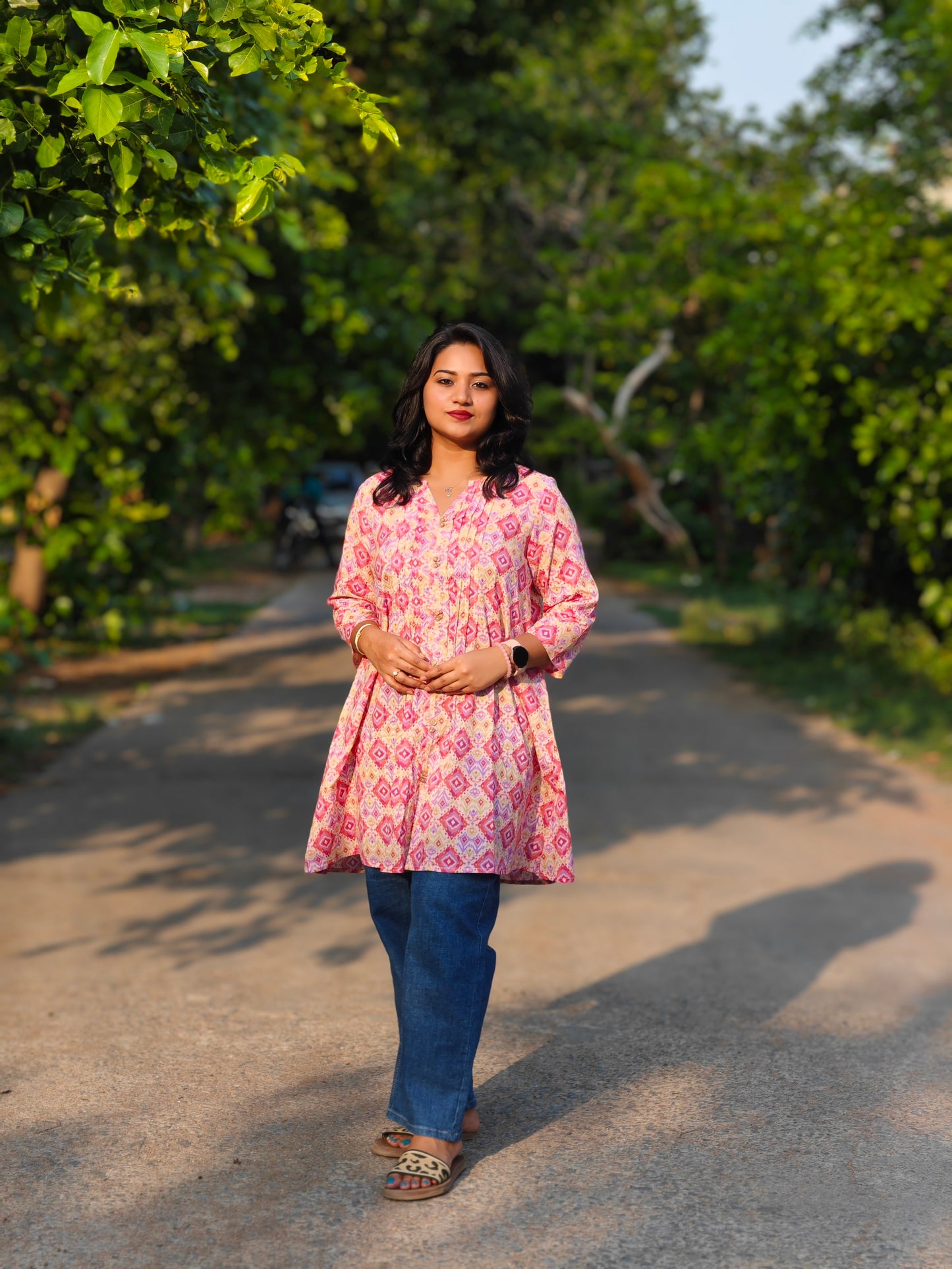 Pink Cotton Ikkat Pleated Tunic 00160