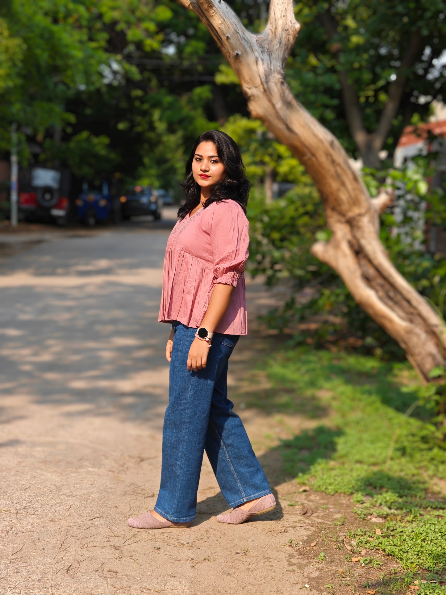 Pink Cotton Embroidered Fit And Flared Top J0420