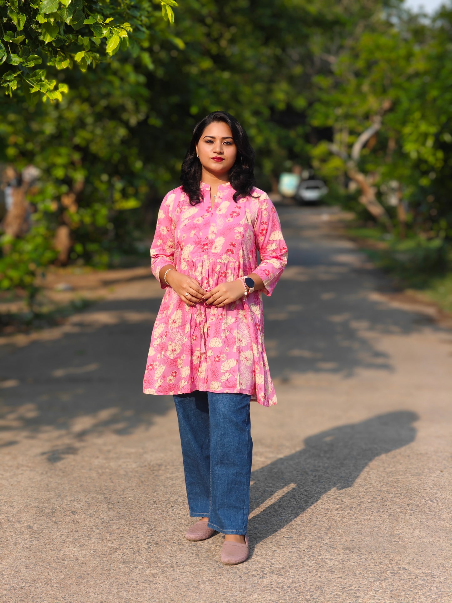 Pink Cotton Floral A-Line Tunic 00113