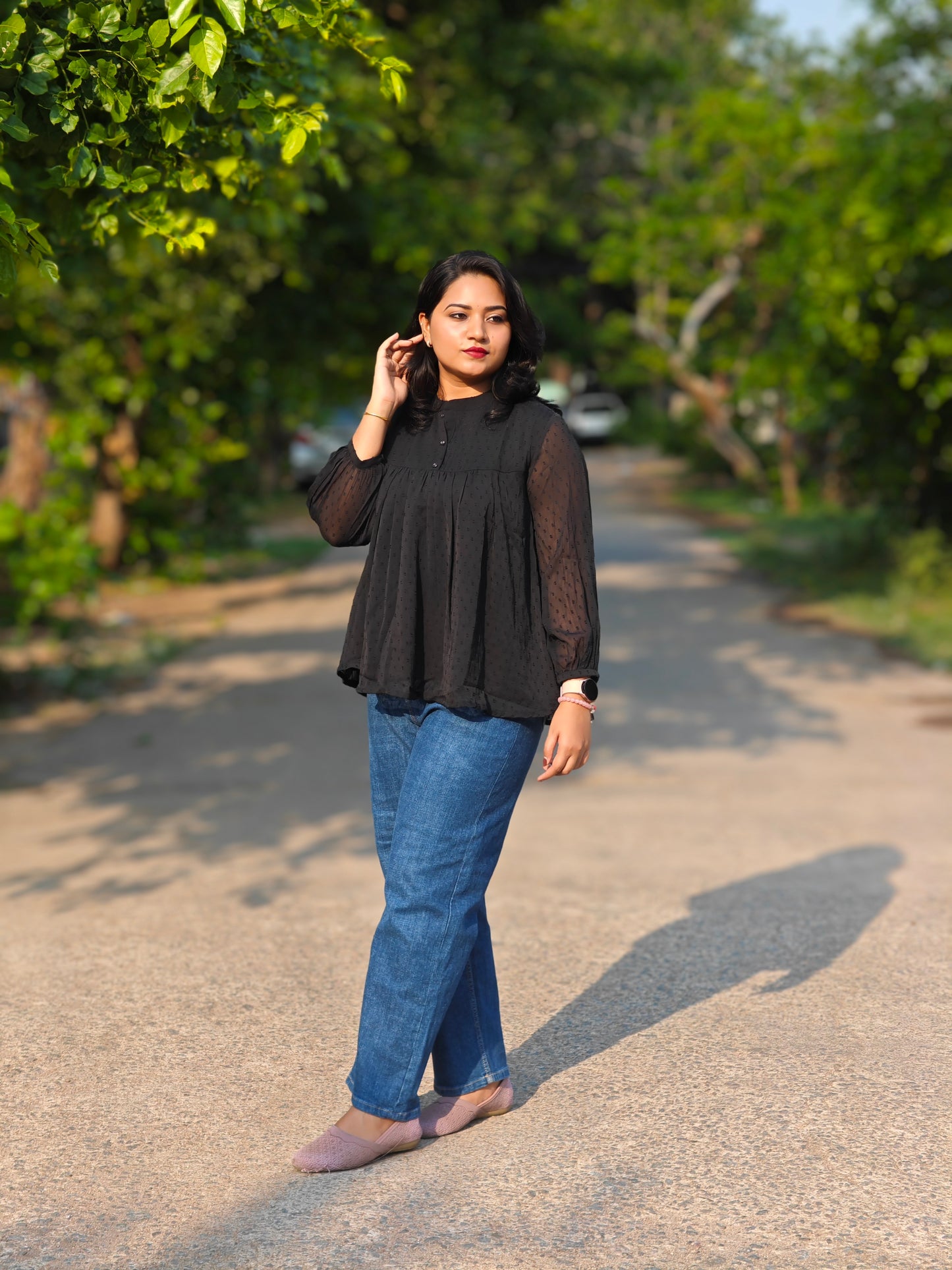 Black Dobby Chiffon Solid Empire Top 4207