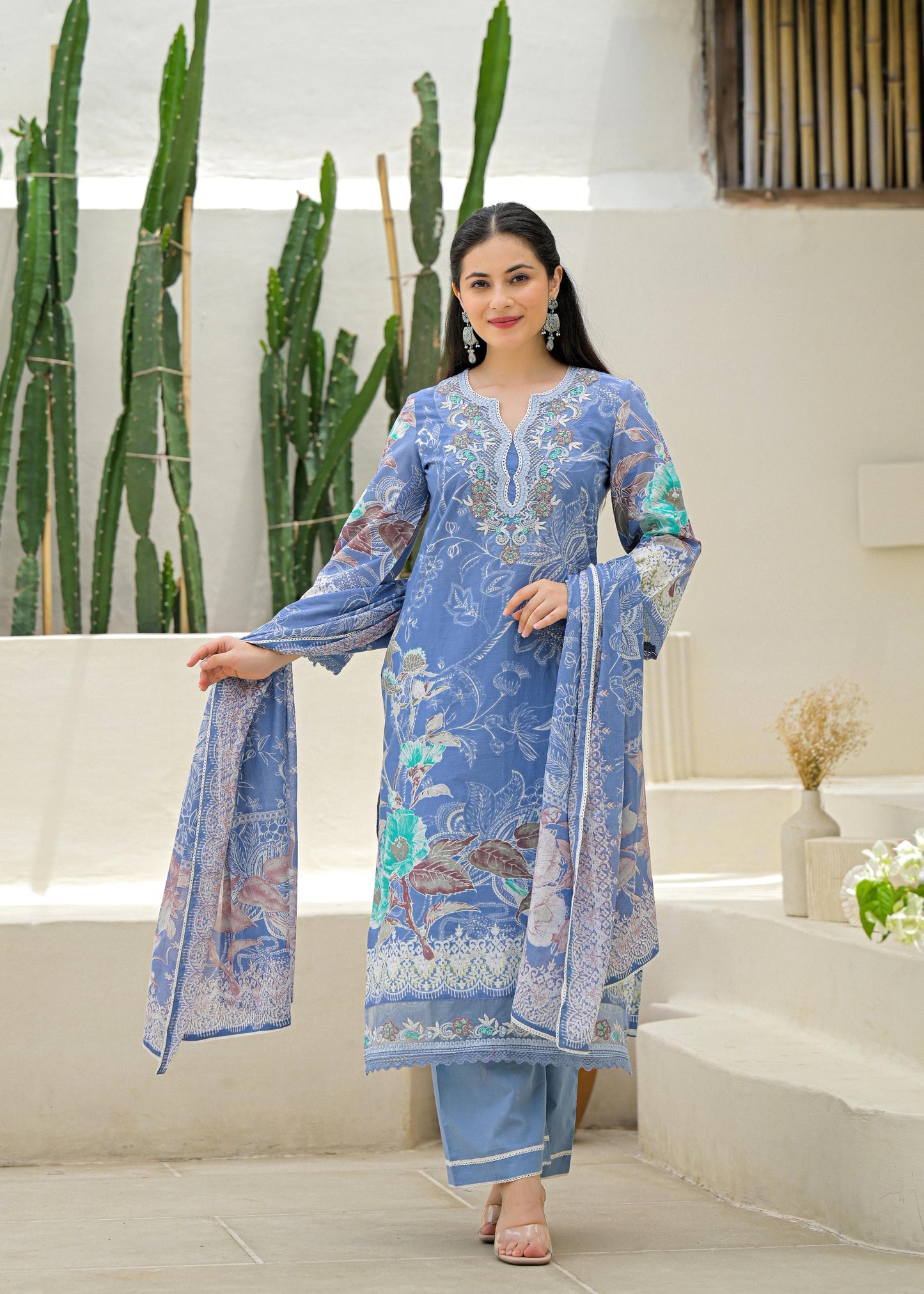 Women’s Pure Cotton Floral Kurta Set with Printed Dupatta – Breathable 3-Piece Set in M to 3XL
