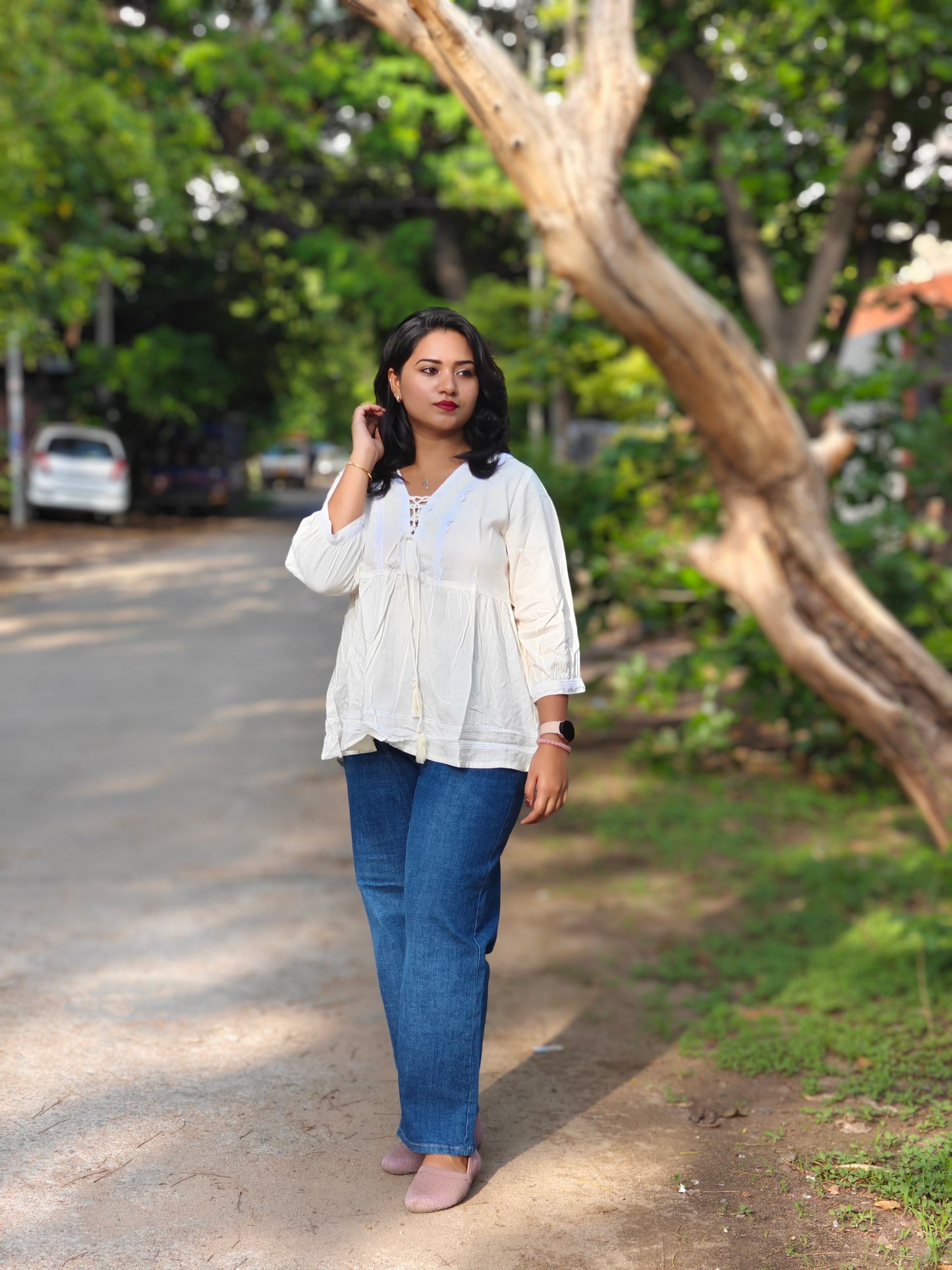 White Rayon Solid Flared Top 3865