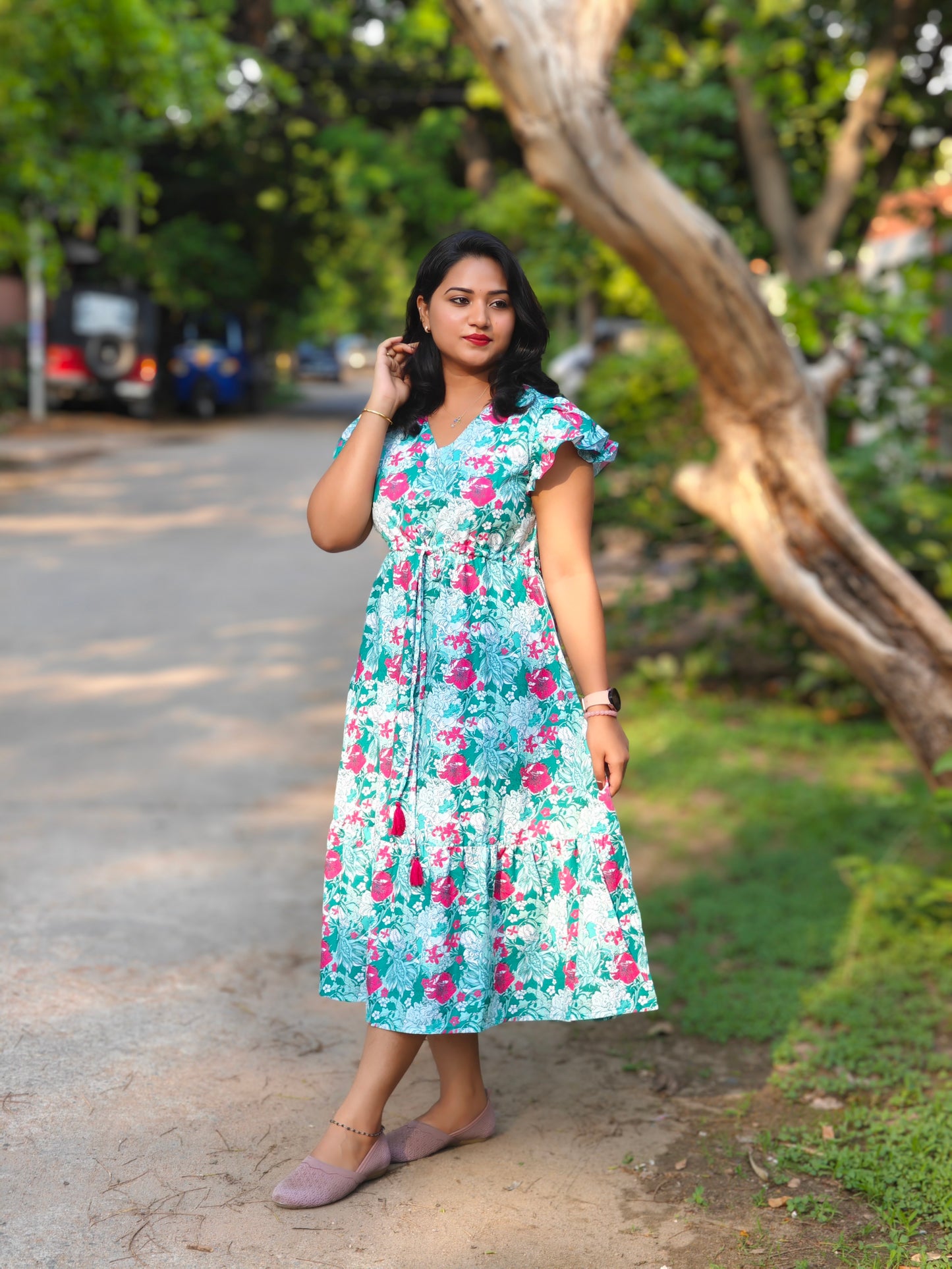 Green Moss Digital Floral Printed A-Line Dress 4304