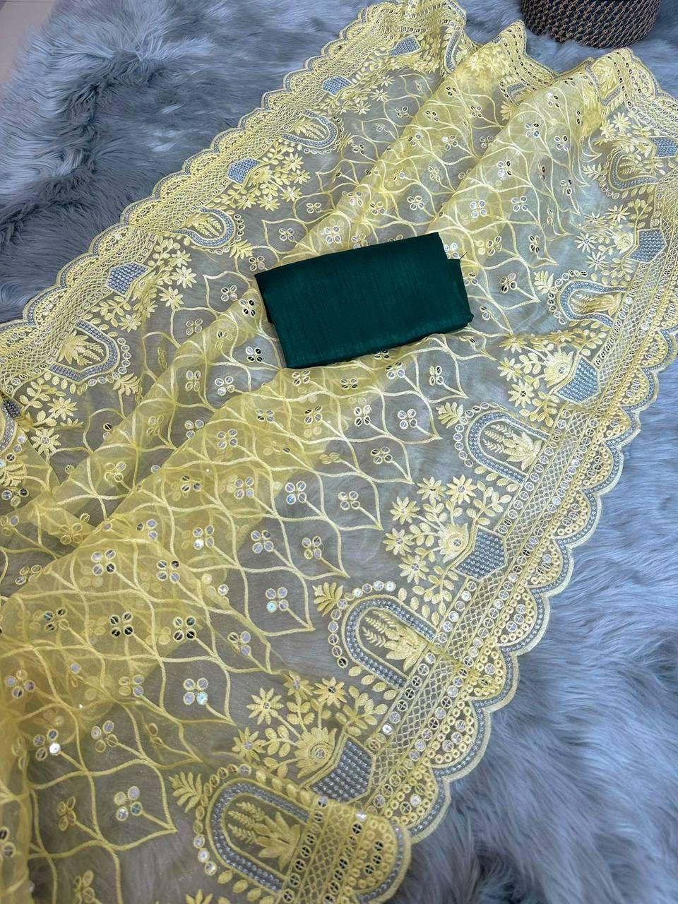 Premium Organza Saree with Multi-Thread Sequin Work and Mono Silk Blouse Piece