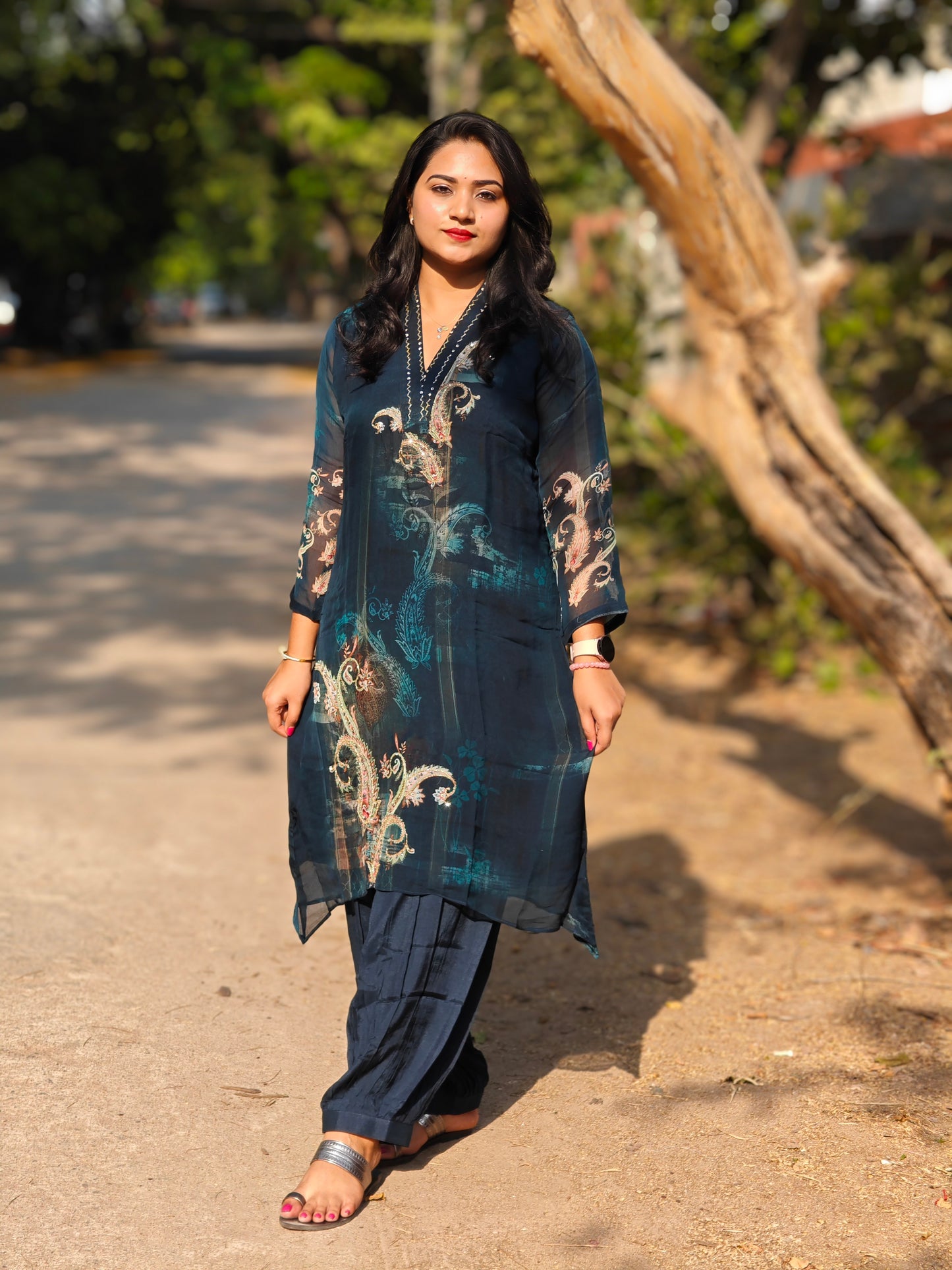 Viscose co-ord set for women with floral print and embroidery – fully stitched festive ethnic outfit