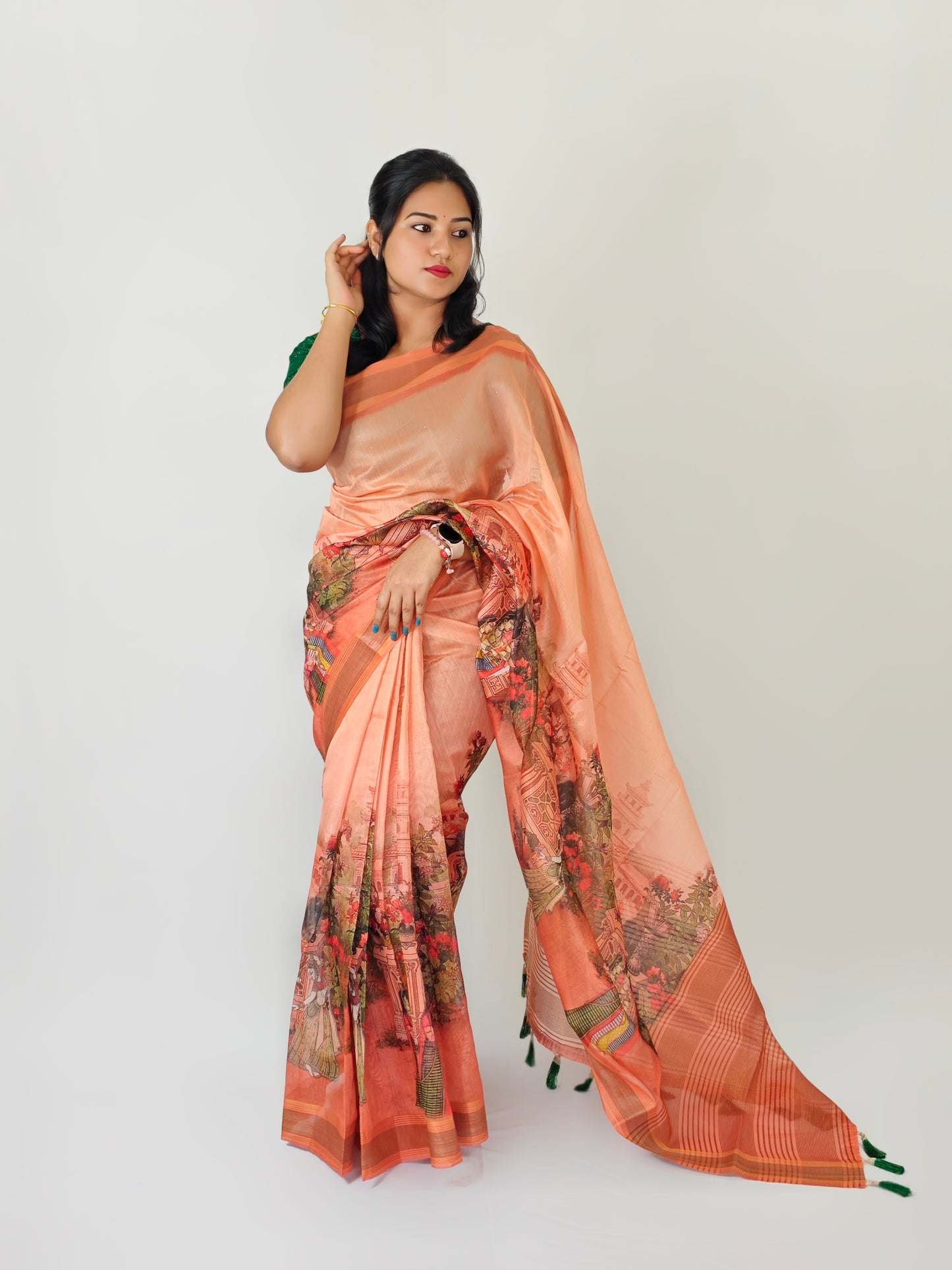 Semi Tussar Silk Kalamkari Sarees Gold Zari Border
