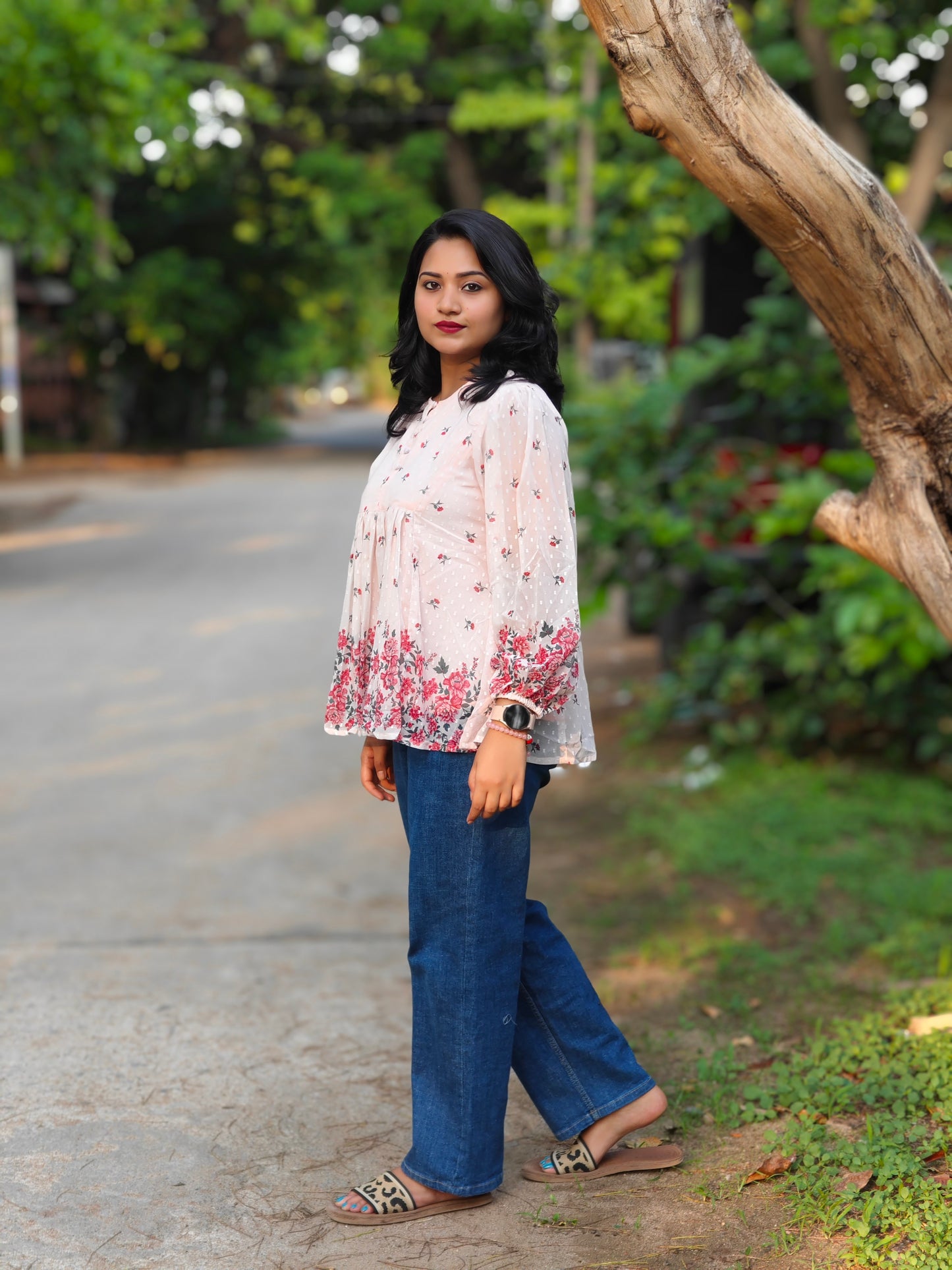 Peach Georgette Floral Print Flared Top 4047