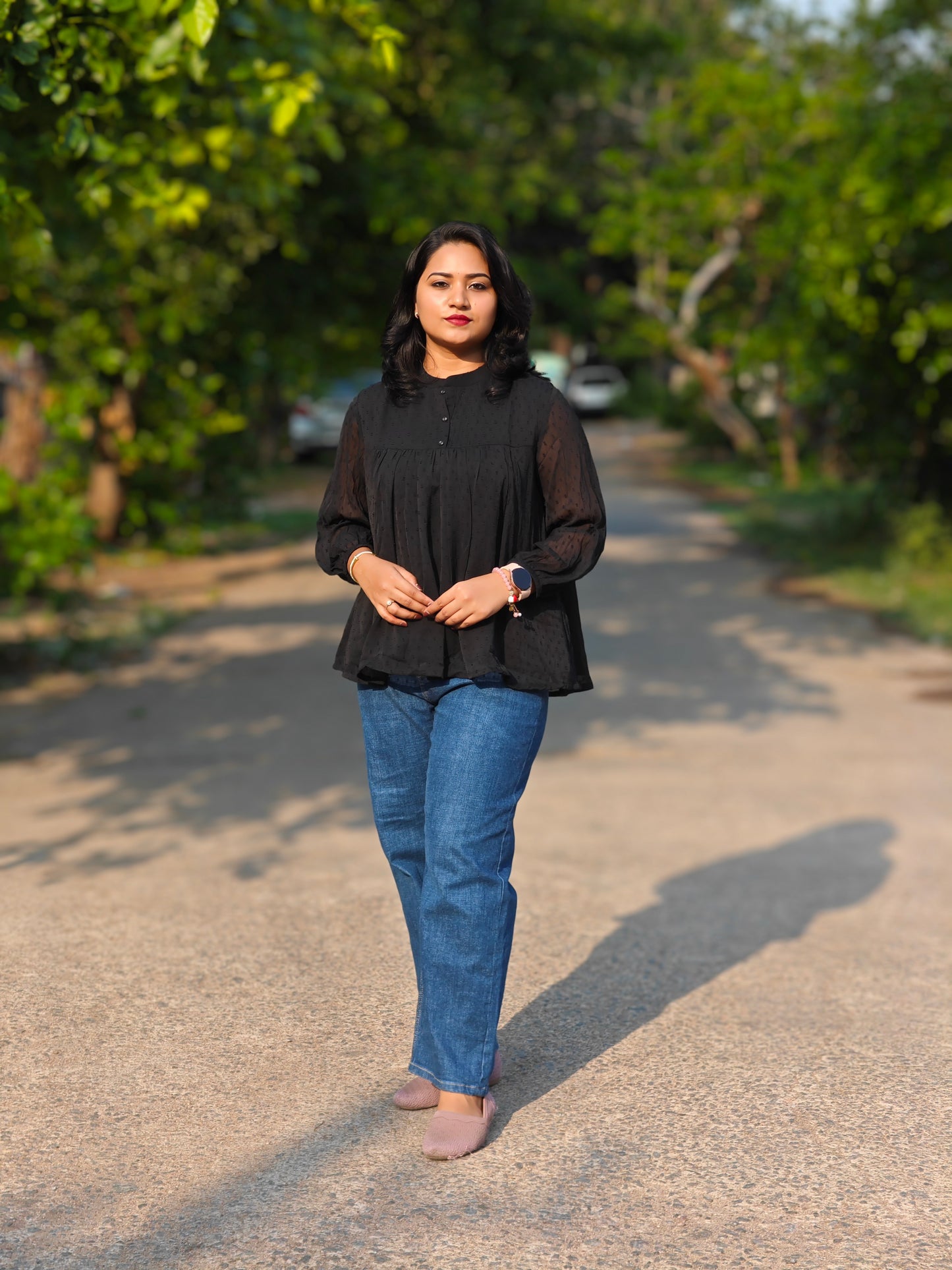 Black Dobby Chiffon Solid Empire Top 4207