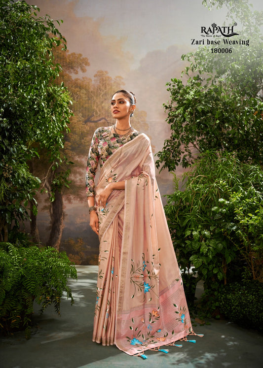 Soft Linen Tissue Saree with Hand Brush Print and Kalamkari Blouse – Festive and Wedding Wear