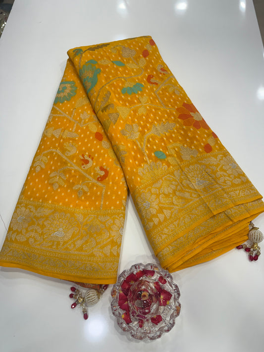 Pure Kaddi Georgette Zari Weaving Saree in Mustard Yellow with All-Over Jaal and Floral Buti Work – Festive & Wedding Wear Saree for Women