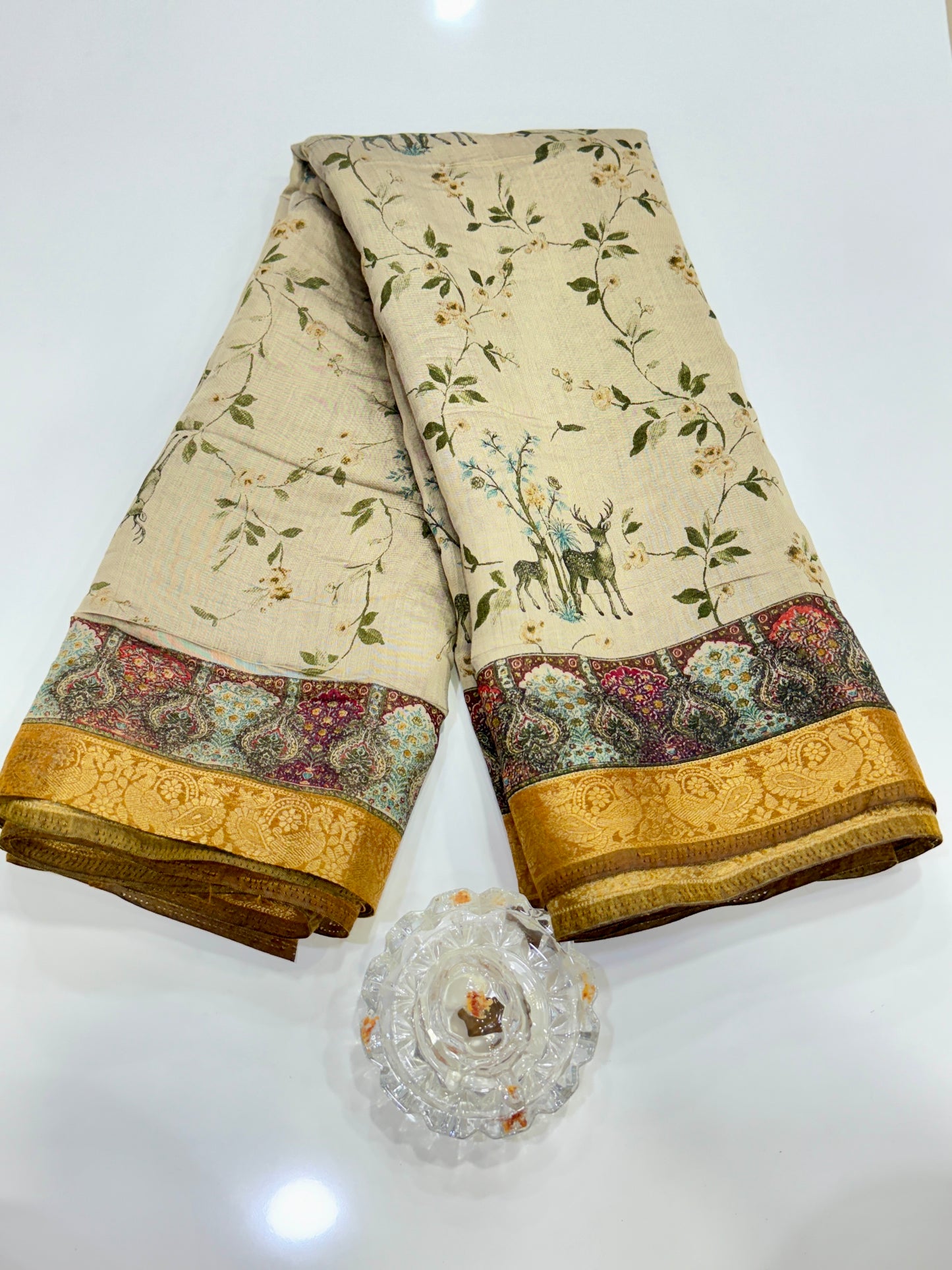 Chennuri silk style printed saree with traditional artwork border and unstitched blouse fabric for women