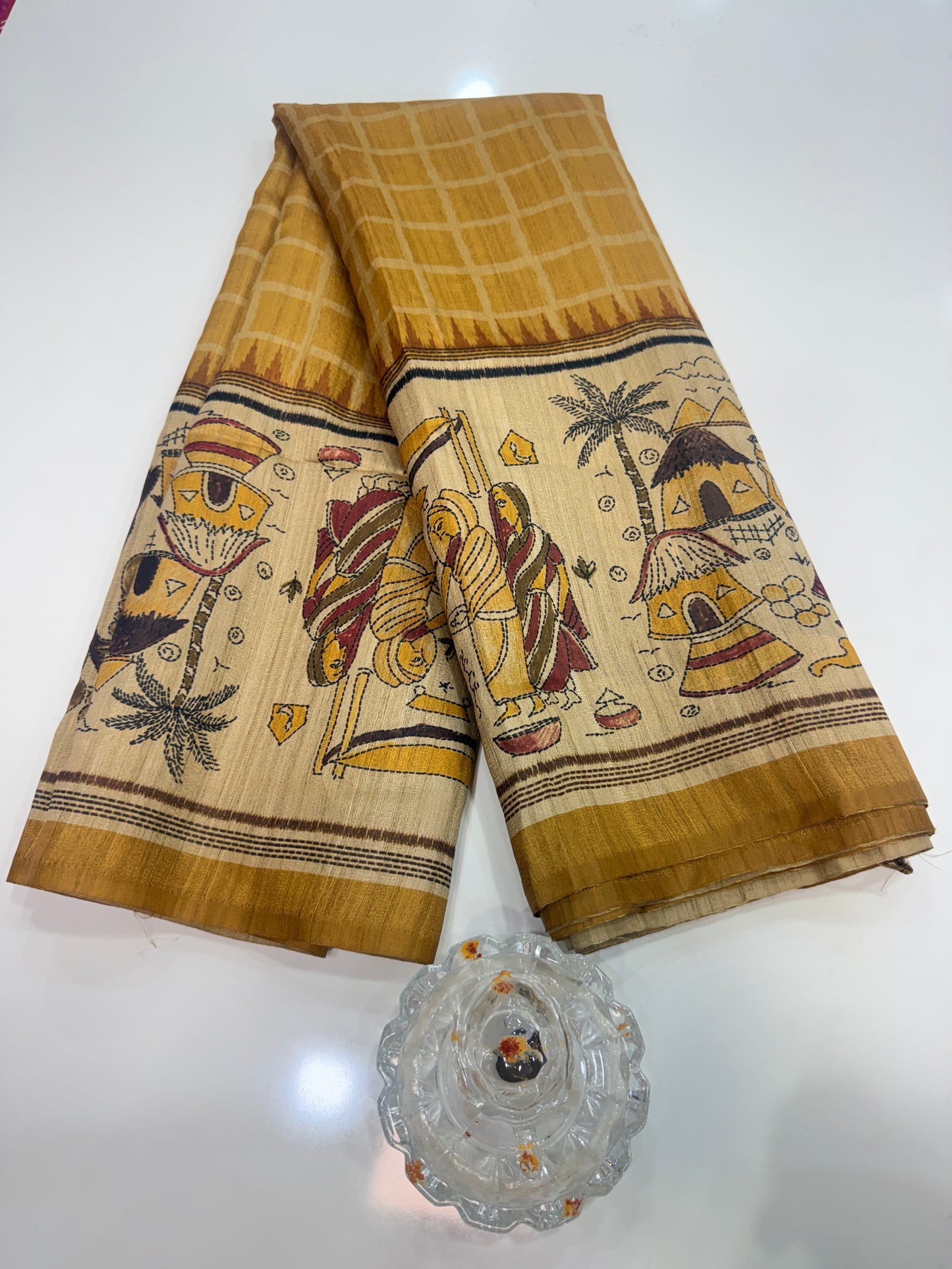 Spider Silk Saree with Folk Art Print Border and Tassel Pallu