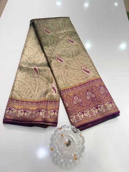 Kanjivaram Soft Silk Saree with Meenakari Weaving, Broad Pattu and Potli Tassels – Wedding Silk Saree for Women