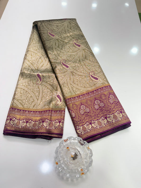Kanjivaram Soft Silk Saree with Meenakari Weaving, Broad Pattu and Potli Tassels – Wedding Silk Saree for Women