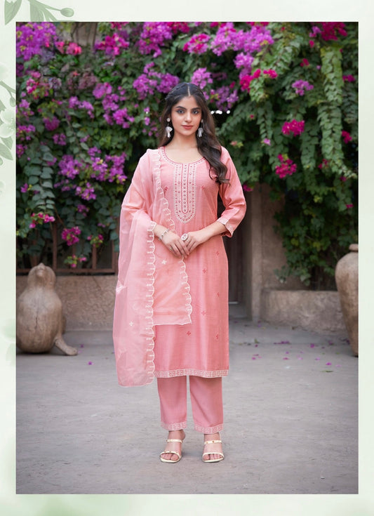 Viscose Vertical Straight Cut Kurta Pant Dupatta Set with Embroidery and Organza Dupatta – Sizes XL to 3XL