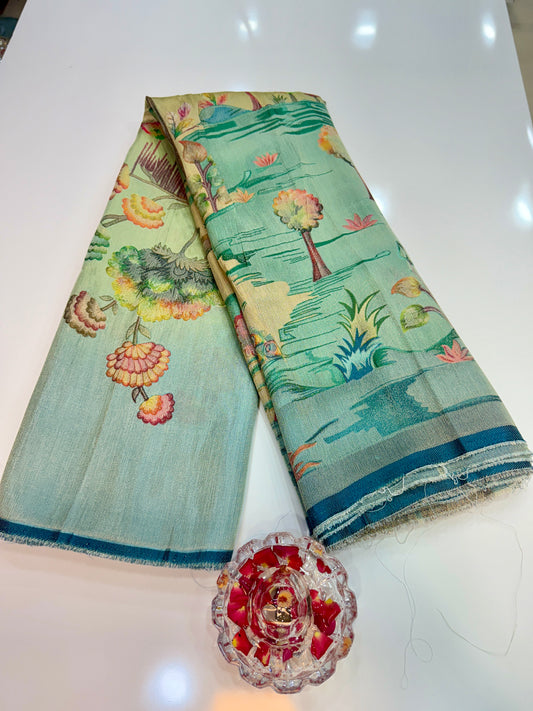 Pure Ziraf Silk Peacock Print Saree with Colorful Nature Motifs and Geometric Border – Soft Silk Printed Saree for Women